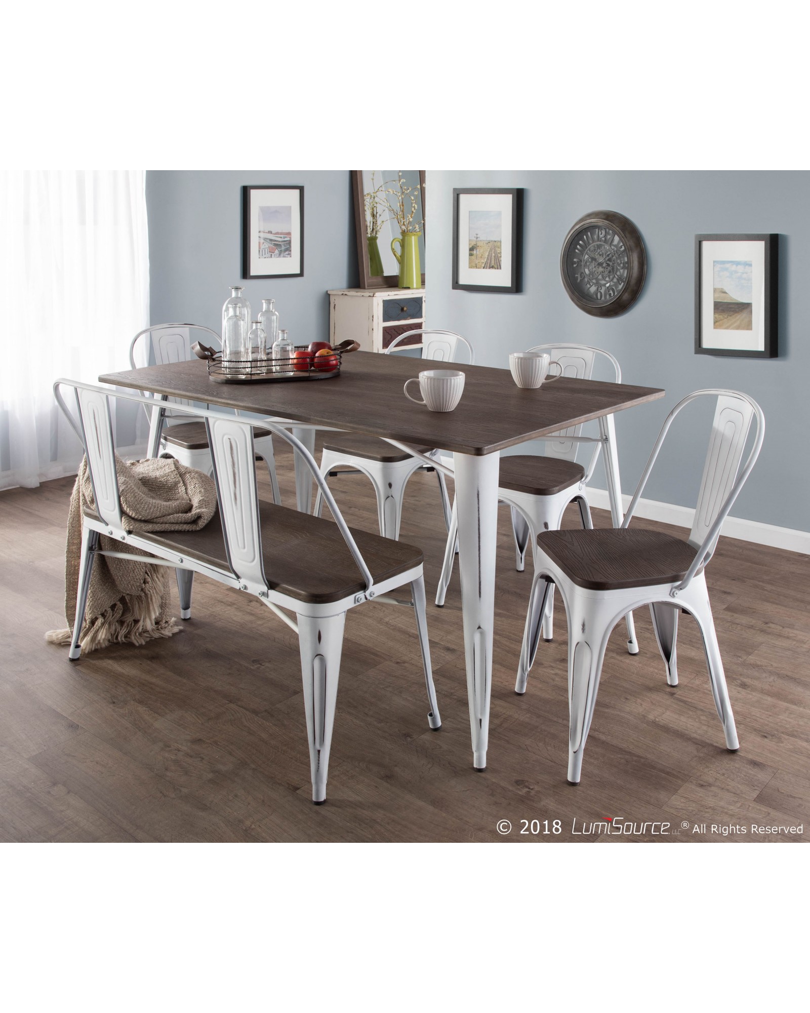 Oregon 6-Piece Industrial-Farmhouse Dining Set in Vintage White and Espresso