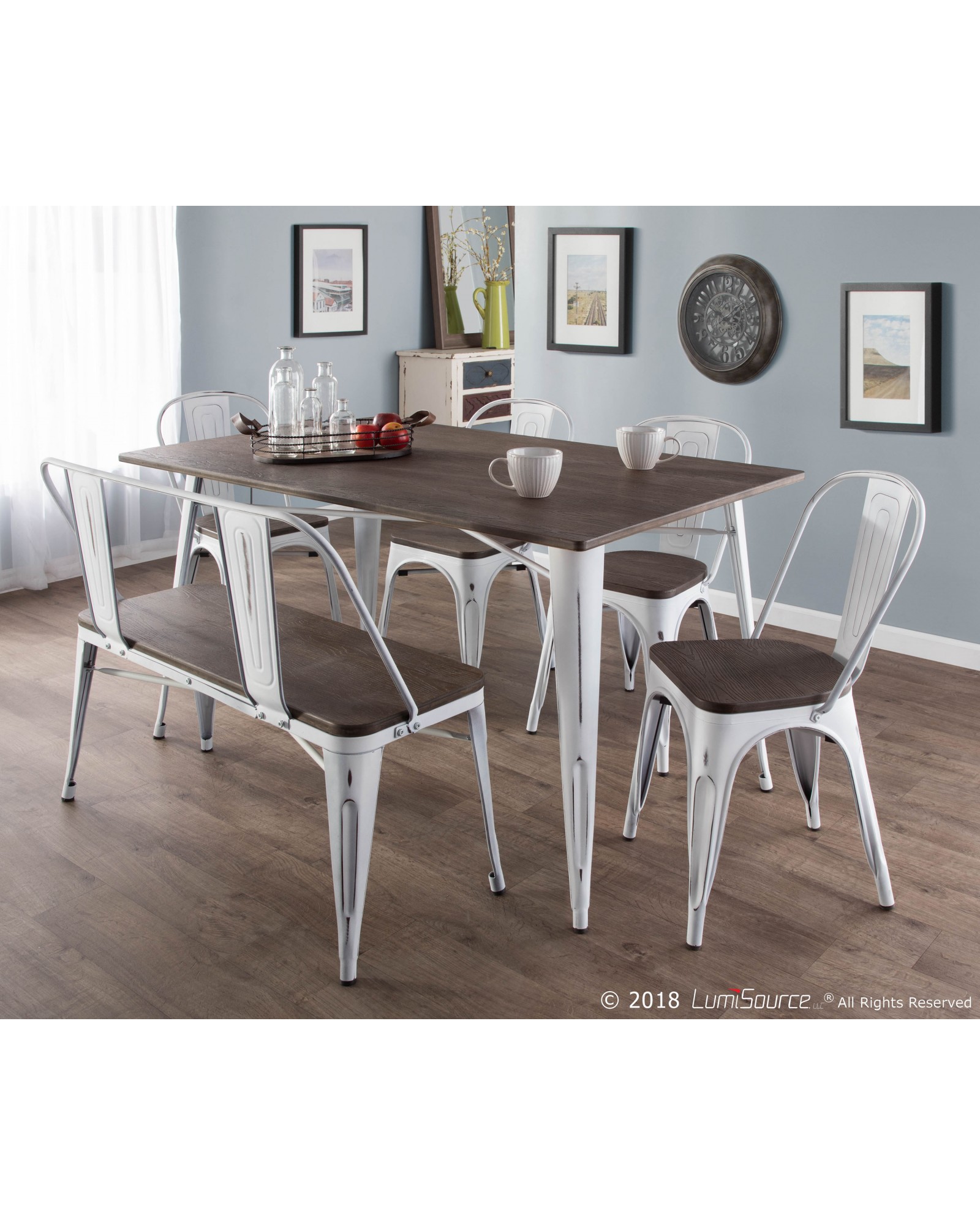 Oregon 6-Piece Industrial-Farmhouse Dining Set in Vintage White and Espresso