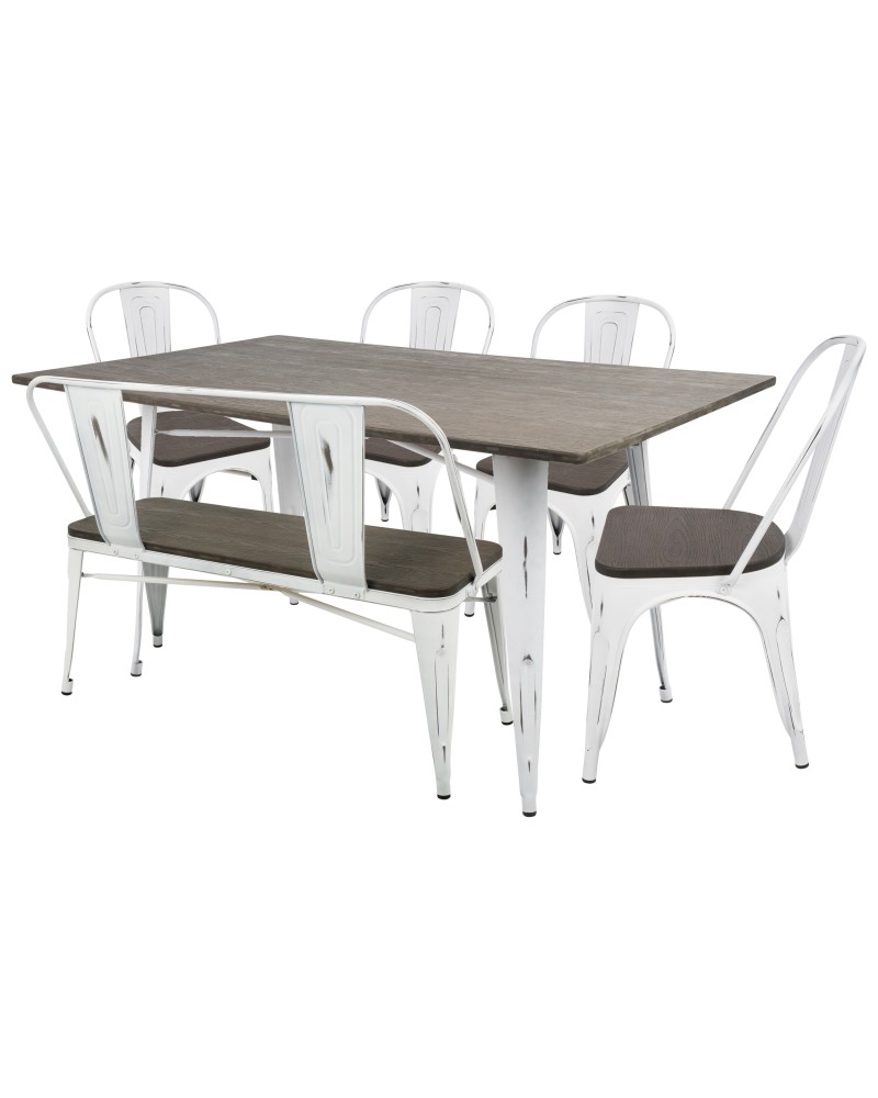 Oregon 6-Piece Industrial-Farmhouse Dining Set in Vintage White and Espresso