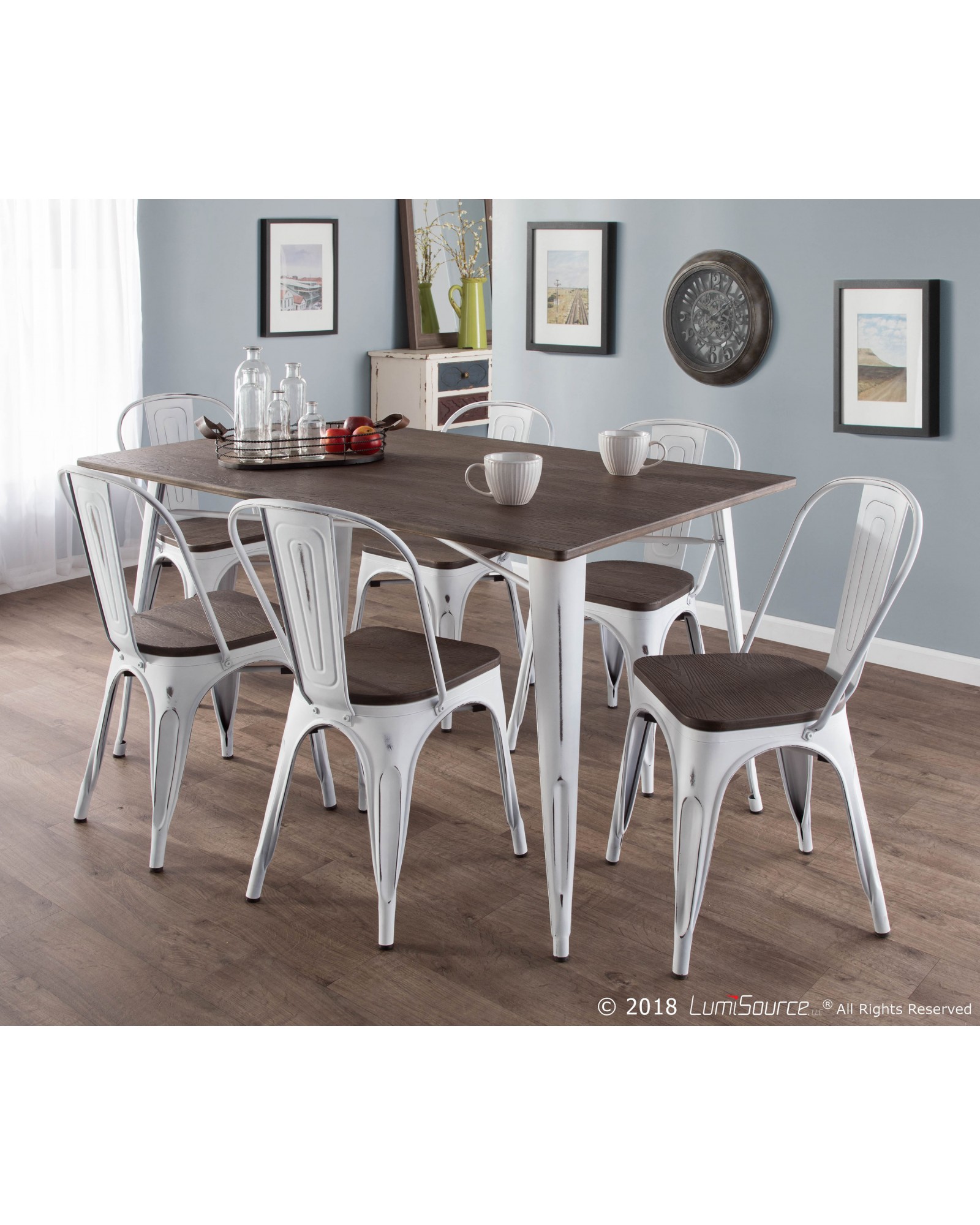 Oregon 7-Piece Industrial-Farmhouse Dining Set in Vintage White and Espresso