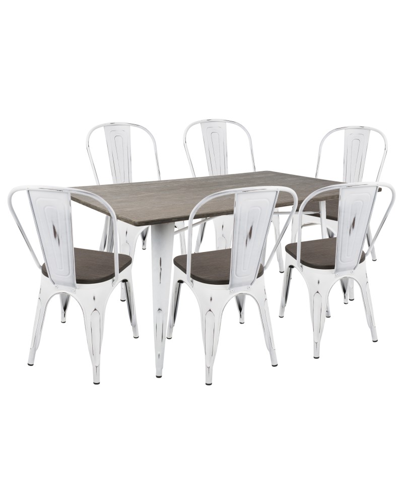 Oregon 7-Piece Industrial-Farmhouse Dining Set in Vintage White and Espresso