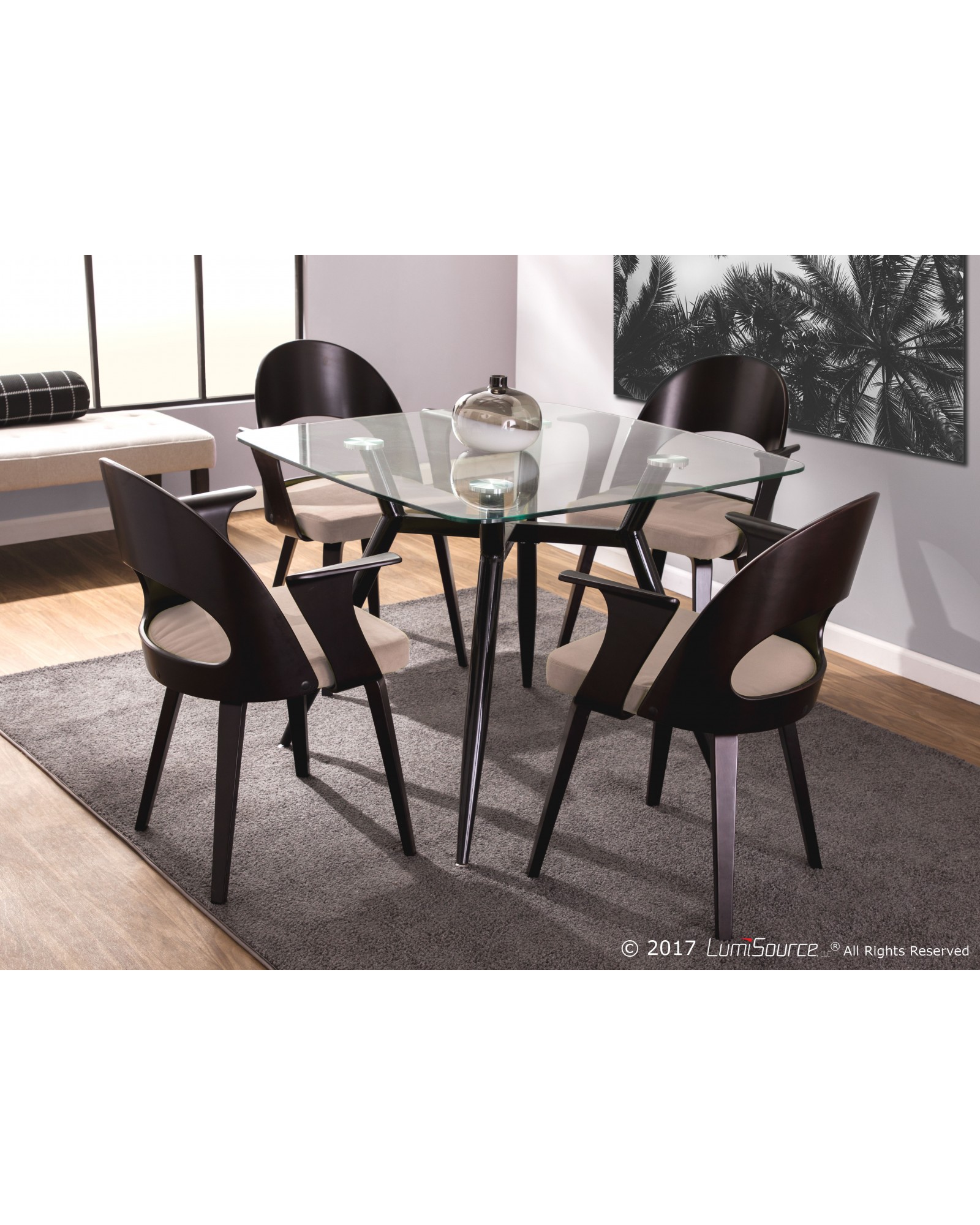 Clara Mid-Century Modern Square Dining Table with Black Metal Legs and Clear Glass Top