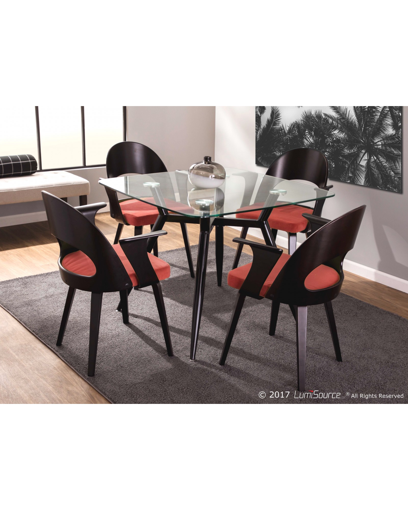 Clara Mid-Century Modern Square Dining Table with Black Metal Legs and Clear Glass Top