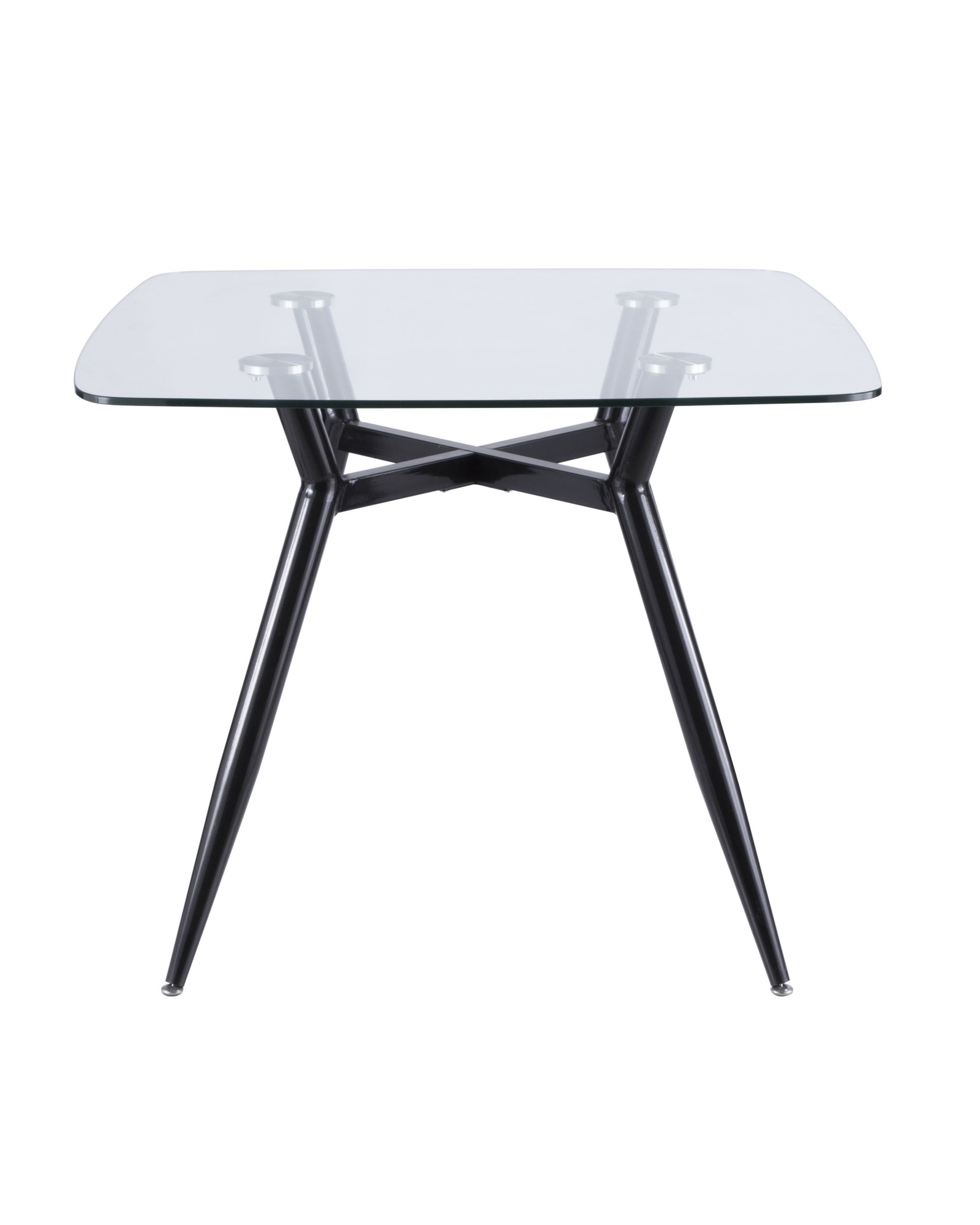 Clara Mid-Century Modern Square Dining Table with Black Metal Legs and Clear Glass Top