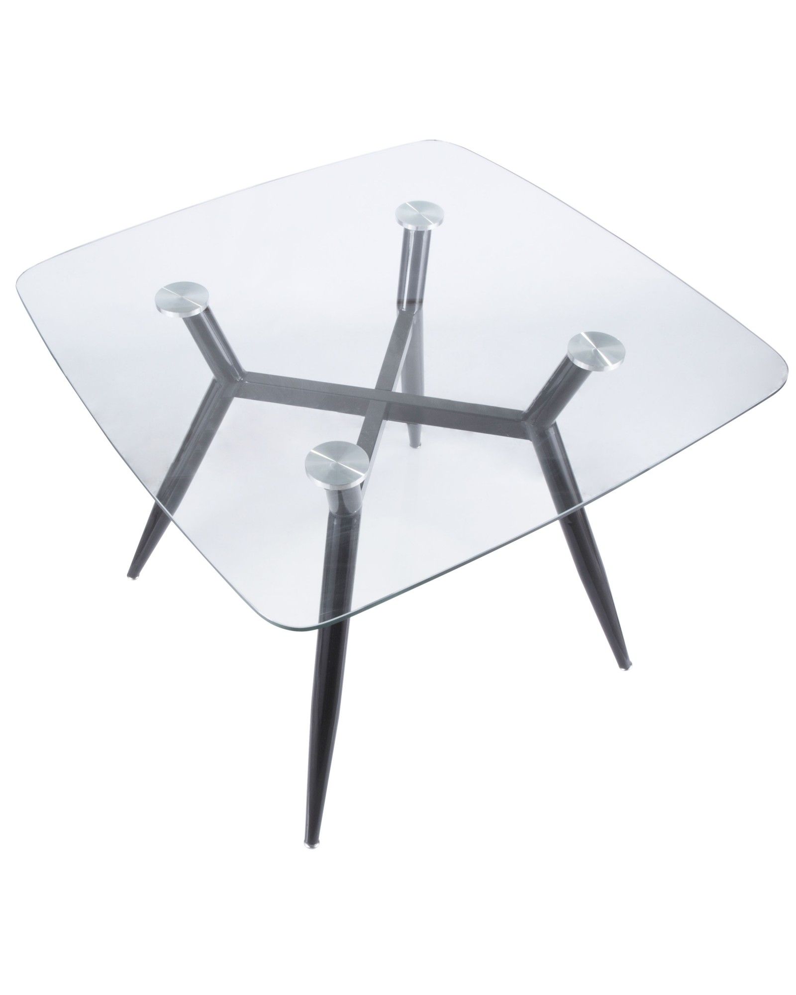 Clara Mid-Century Modern Square Dining Table with Black Metal Legs and Clear Glass Top