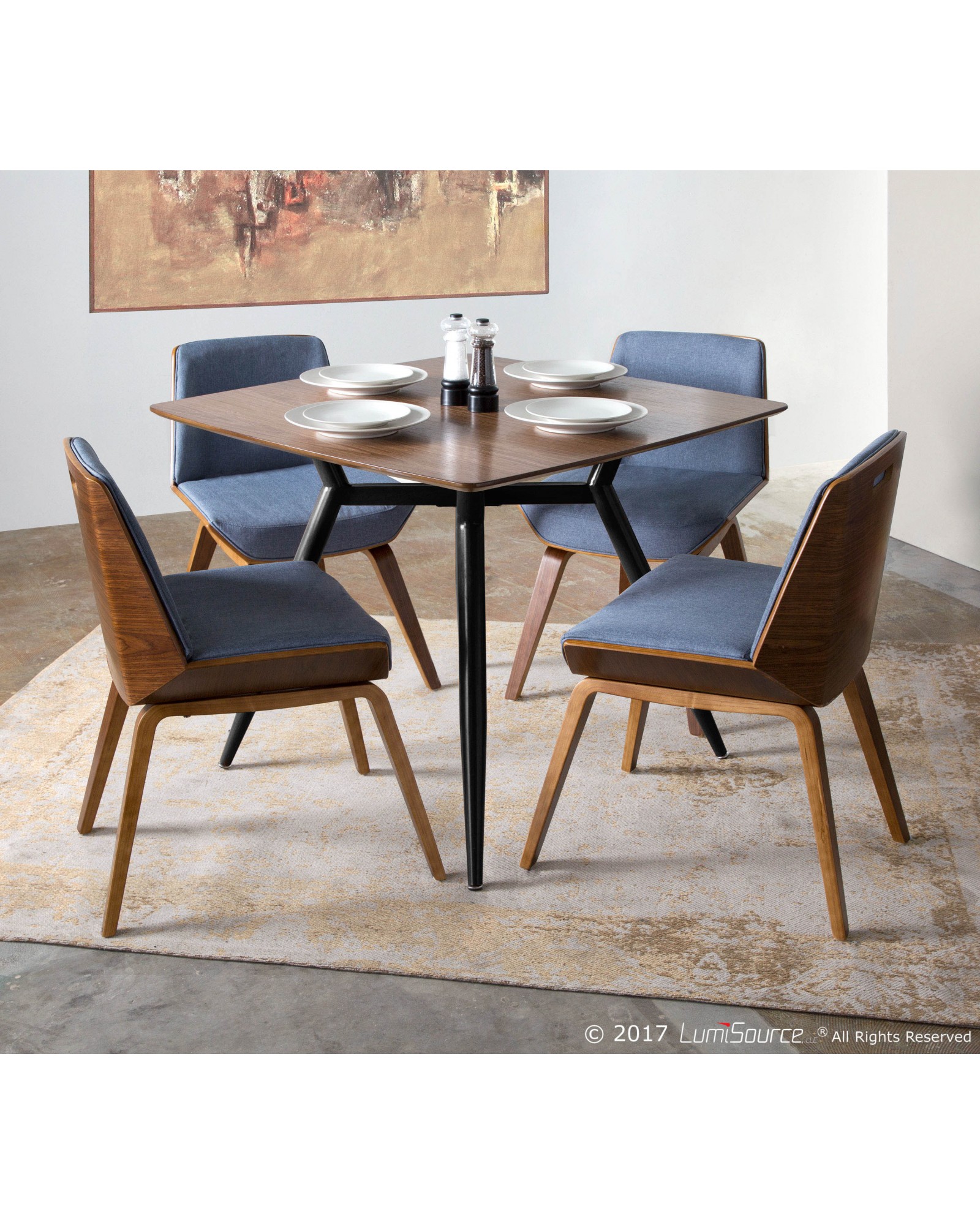 Clara Mid-Century Modern Square Dining Table with Black Metal Legs and Walnut Wood Top