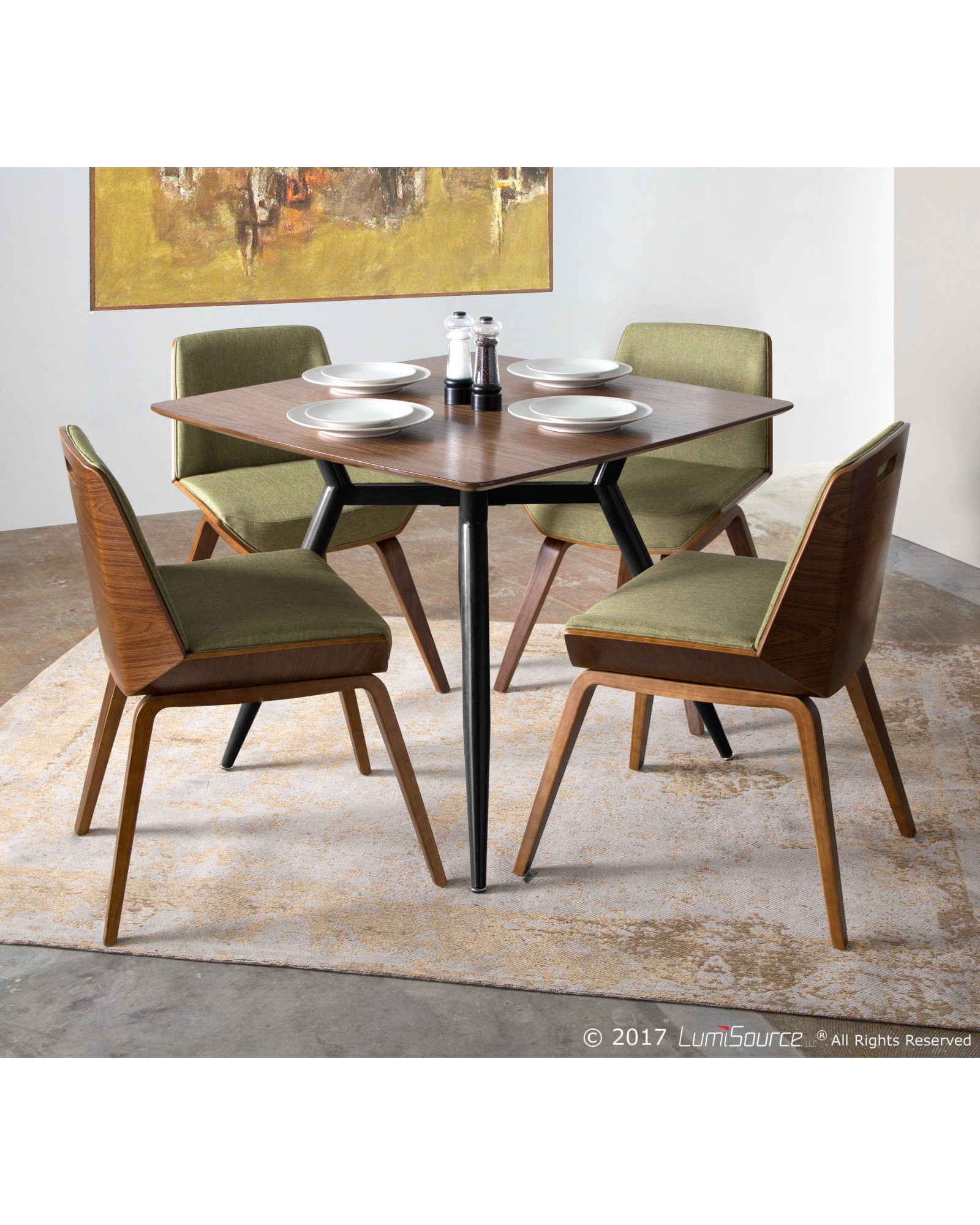 Clara Mid-Century Modern Square Dining Table with Black Metal Legs and Walnut Wood Top