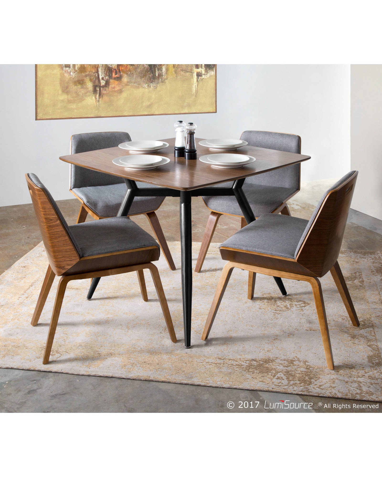 Clara Mid-Century Modern Square Dining Table with Black Metal Legs and Walnut Wood Top