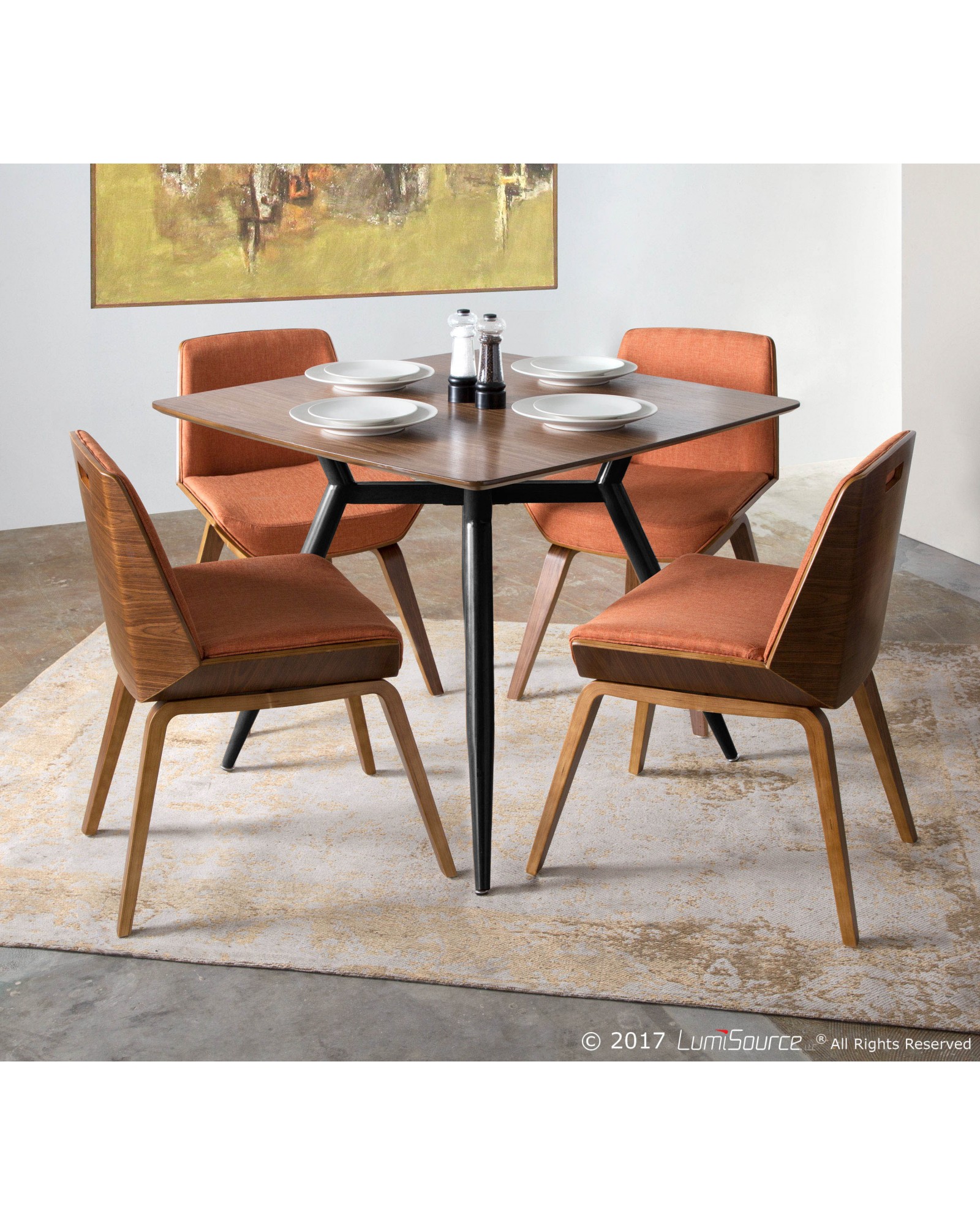 Clara Mid-Century Modern Square Dining Table with Black Metal Legs and Walnut Wood Top