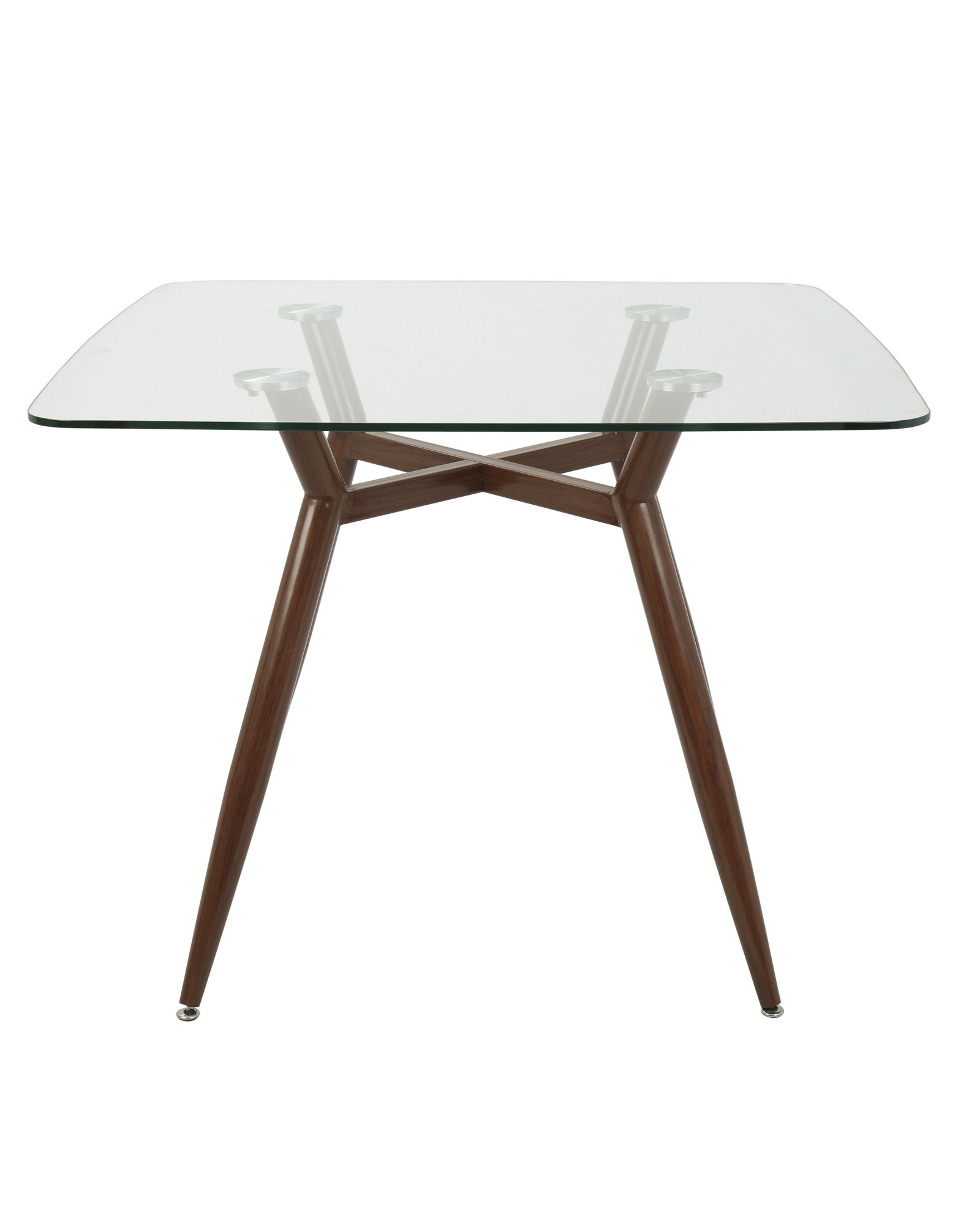 Clara Mid-Century Modern Square Dining Table with Walnut Metal Legs and Clear Glass Top
