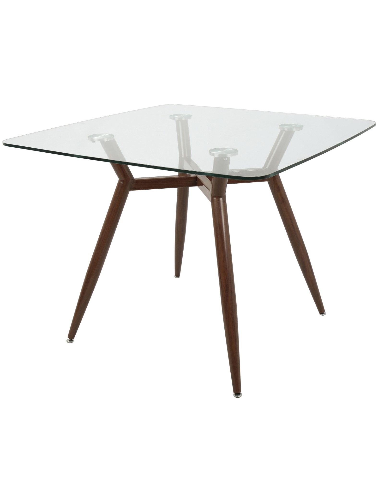 Clara Mid-Century Modern Square Dining Table with Walnut Metal Legs and Clear Glass Top