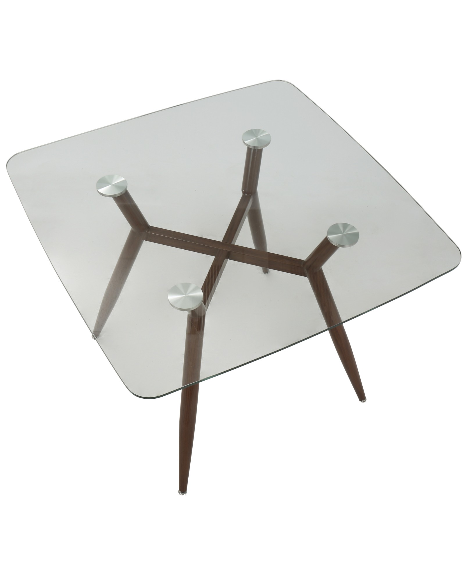 Clara Mid-Century Modern Square Dining Table with Walnut Metal Legs and Clear Glass Top