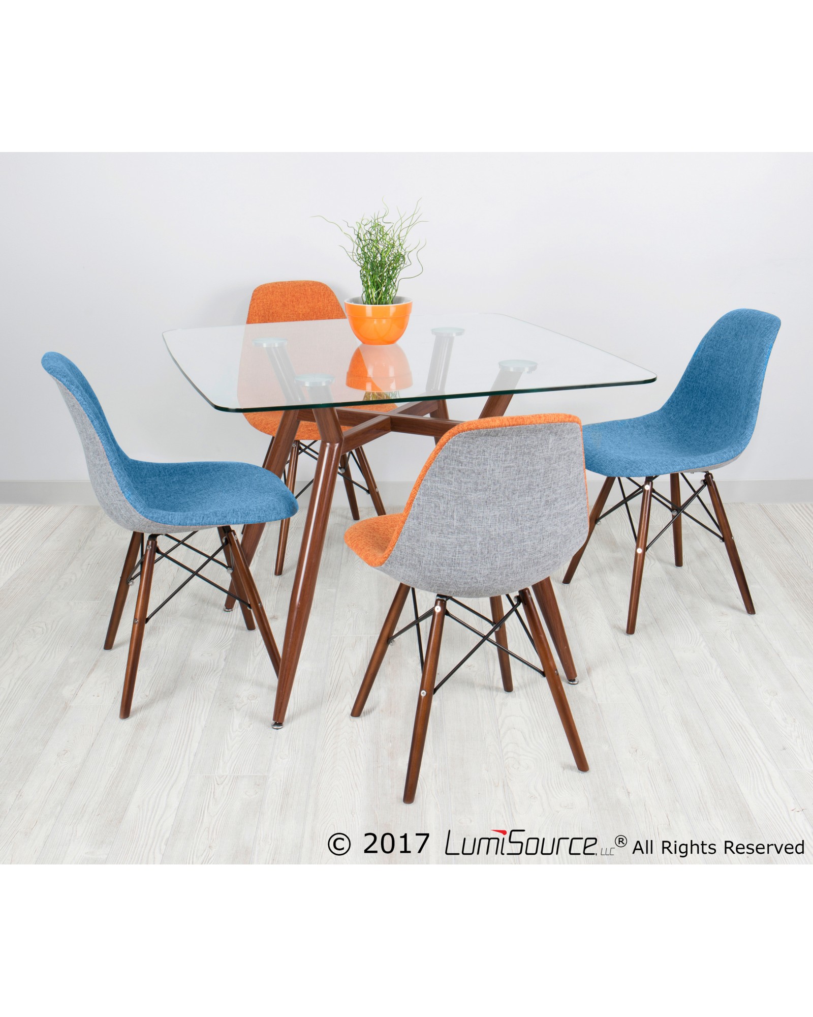 Clara Mid-Century Modern Square Dining Table with Walnut Metal Legs and Clear Glass Top