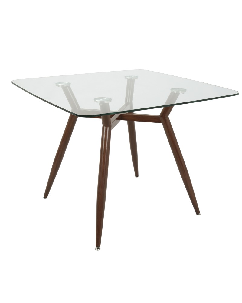 Clara Mid-Century Modern Square Dining Table with Walnut Metal Legs and Clear Glass Top