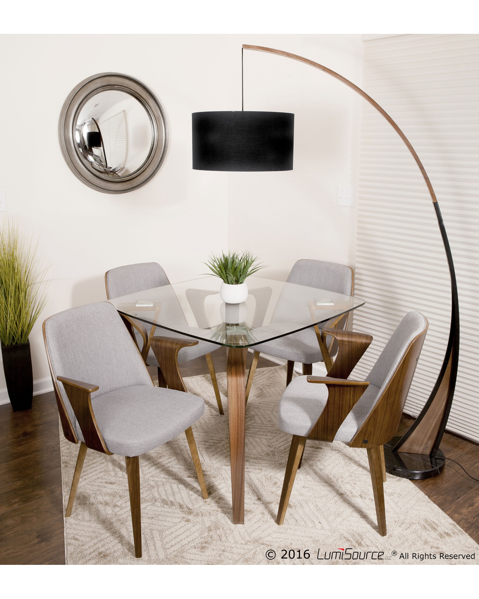 Folia Mid-Century Modern Dining Table in Walnut and Glass