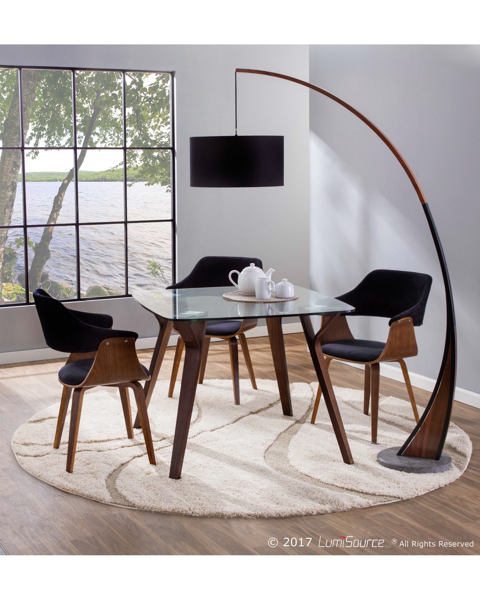 Folia Mid-Century Modern Dining Table in Walnut and Glass