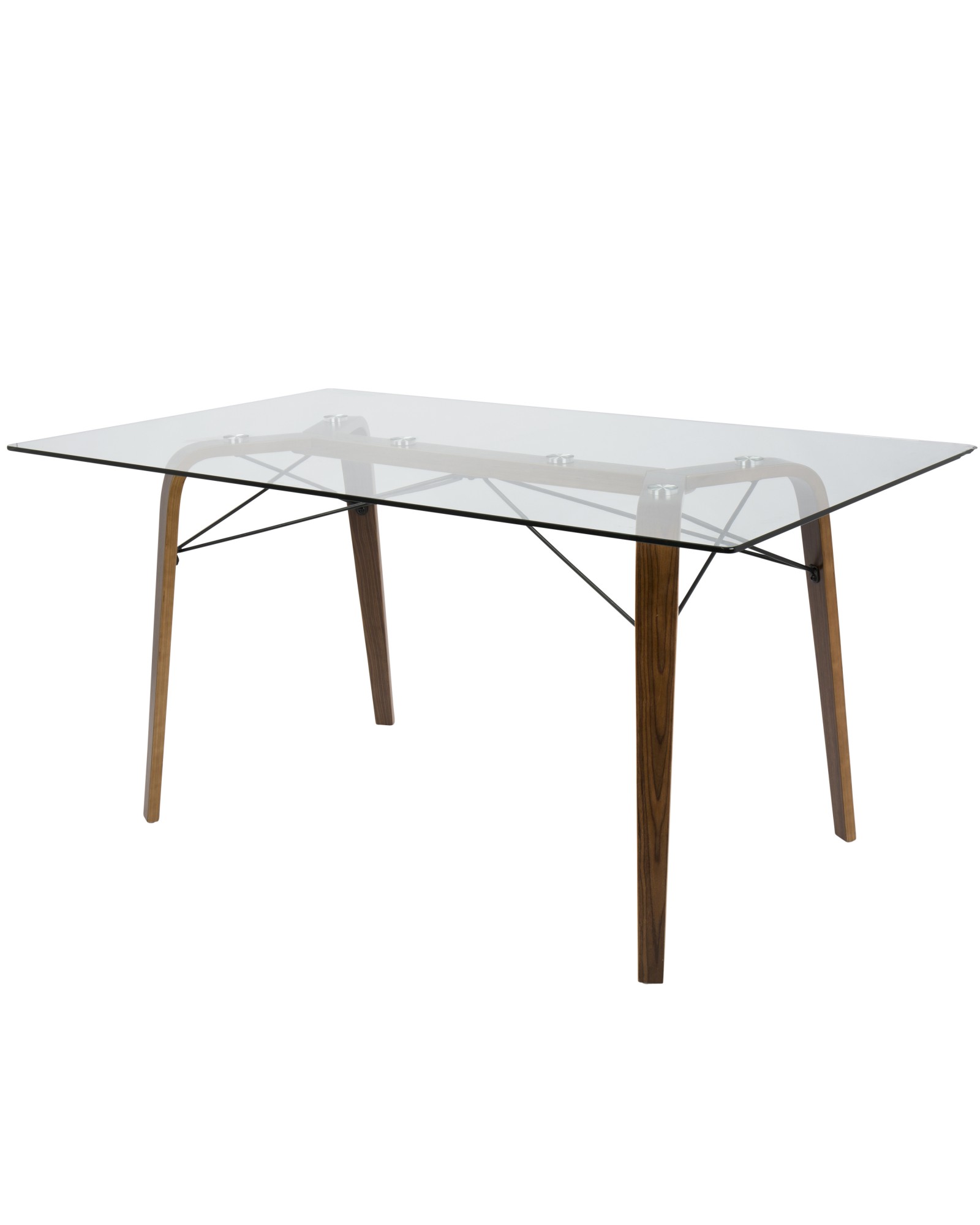 Trilogy Mid-Century Modern Dining Table in Walnut and Clear Glass