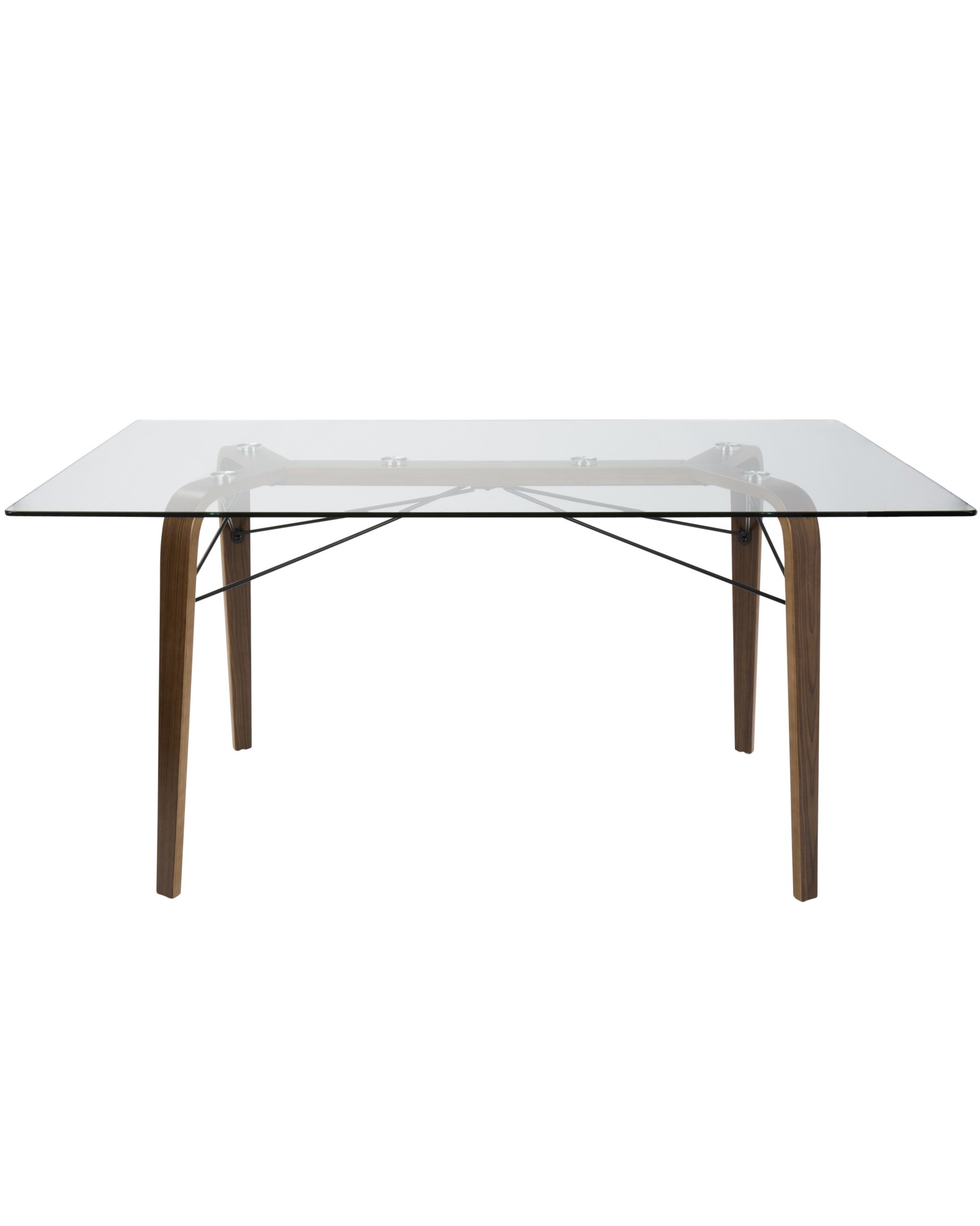 Trilogy Mid-Century Modern Dining Table in Walnut and Clear Glass