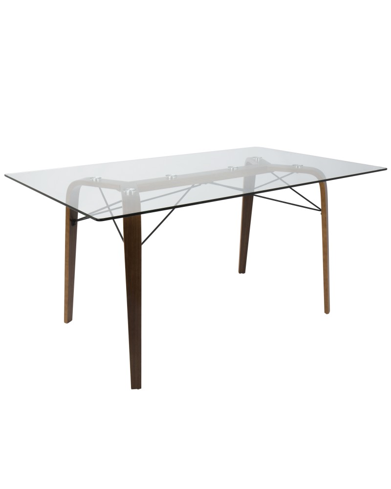 Trilogy Mid-Century Modern Dining Table in Walnut and Clear Glass