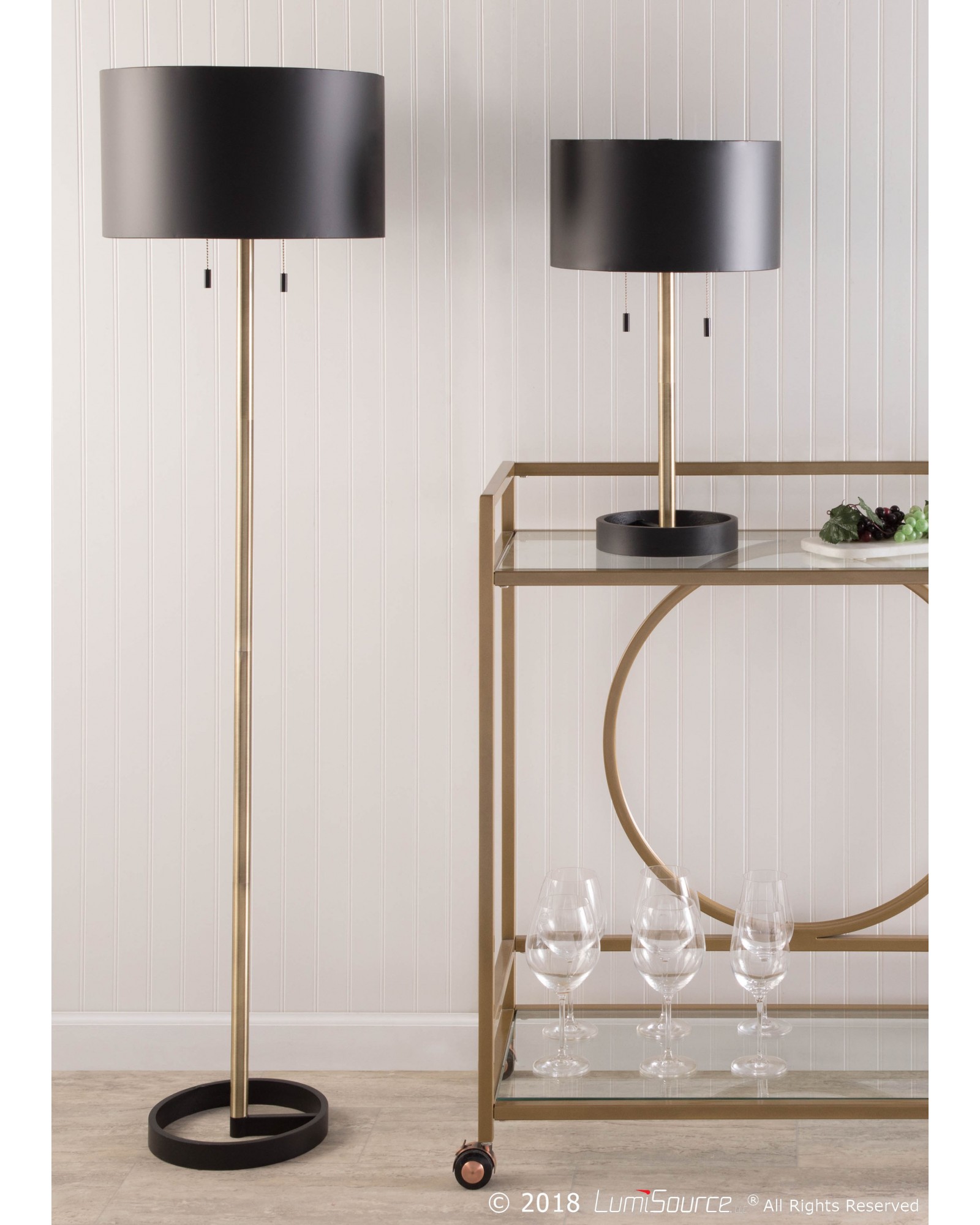 Hilton Contemporary Floor Lamp in Black with Gold Accents
