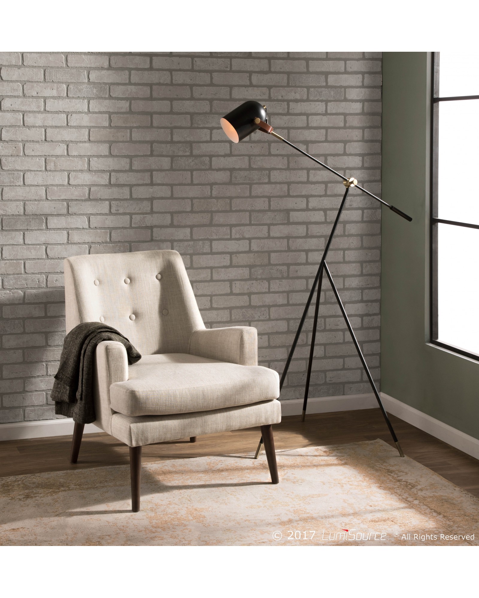 Hayward Industrial Tripod Floor Lamp in Black with Gold Accents