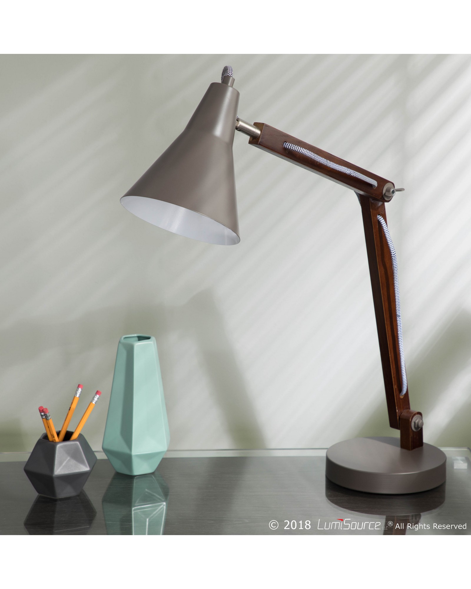 Oregon Industrial Adjustable Table Lamp in Walnut and Grey
