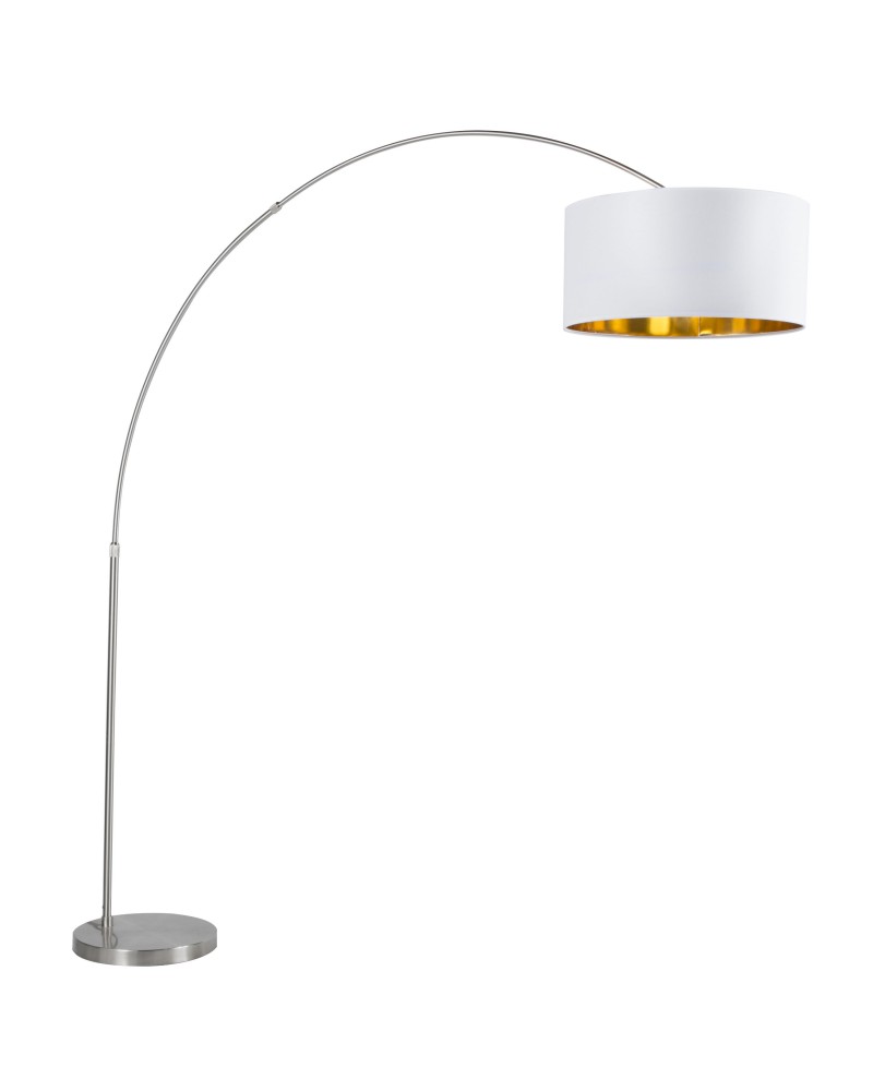 Salon Contemporary Floor Lamp with Satin Nickel Base and White Shade with Gold Accent