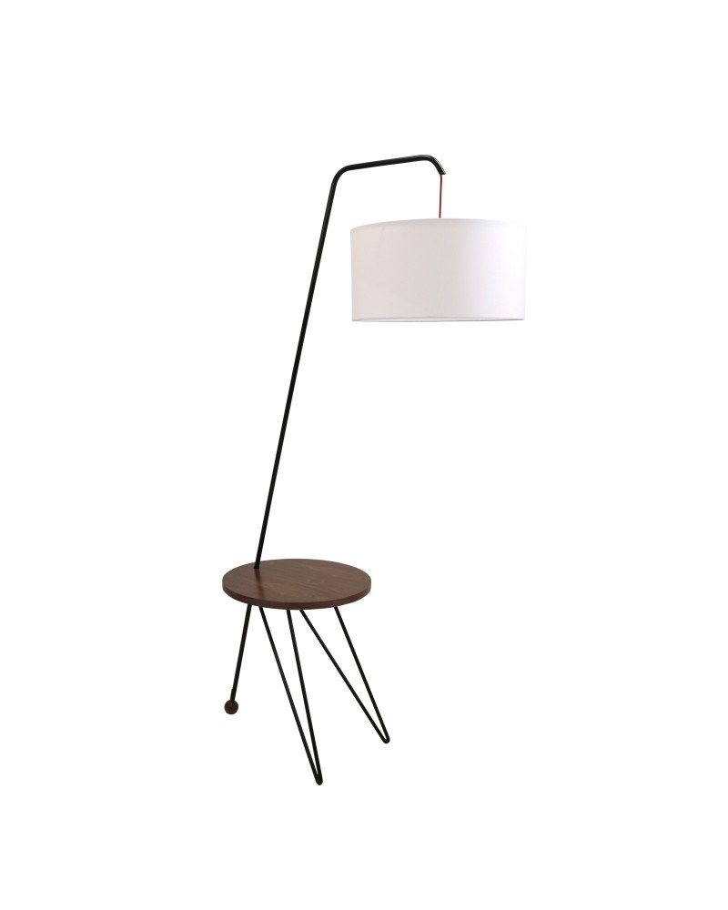 Stork Mid-Century Modern Floor Lamp with Walnut Wood Table Accent and White Shade