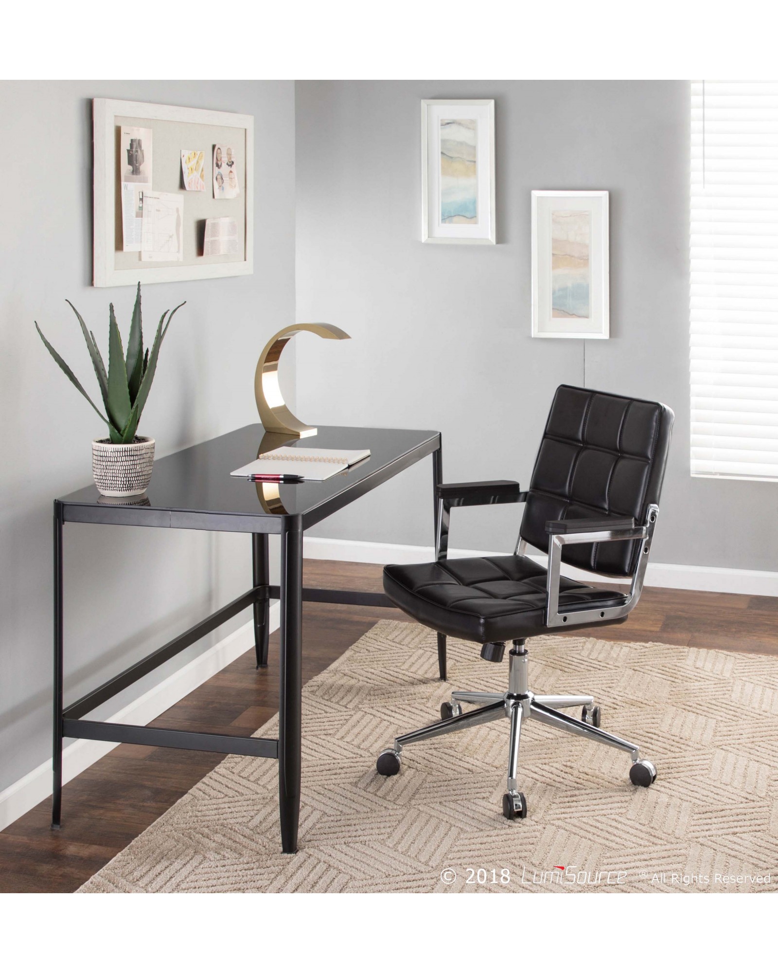 Bureau Contemporary Office Chair with Chrome Metal and Black Faux Leather