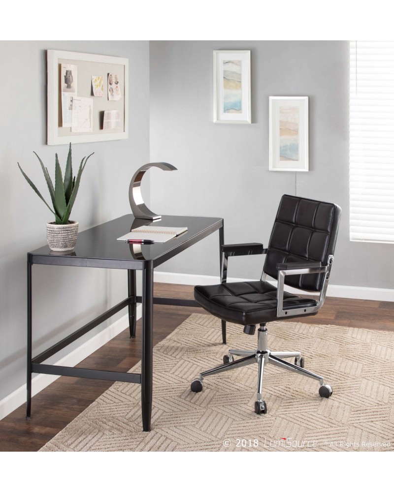 Bureau Contemporary Office Chair with Chrome Metal and Black Faux Leather