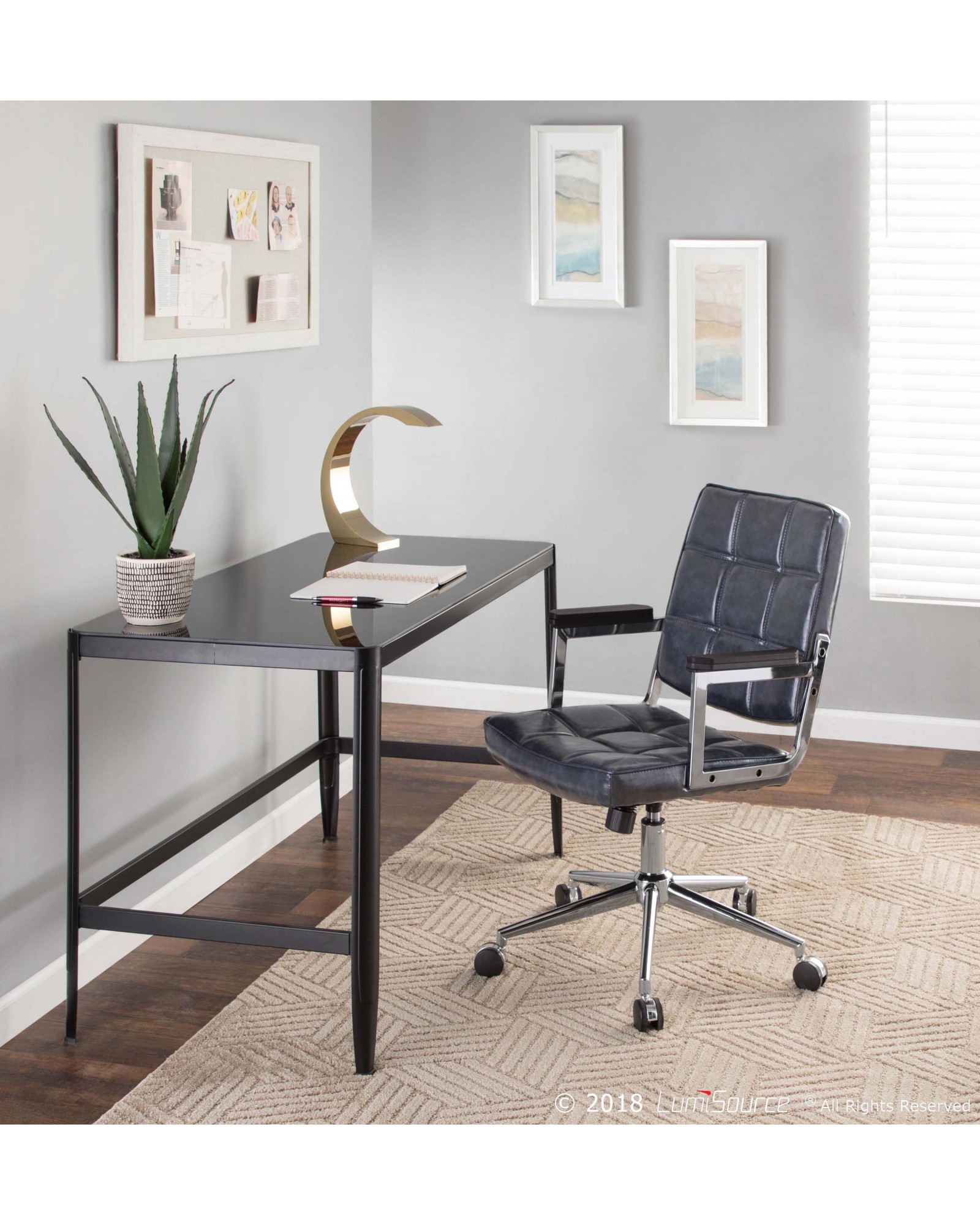 Bureau Contemporary Office Chair with Chrome Metal and Navy Blue Faux Leather