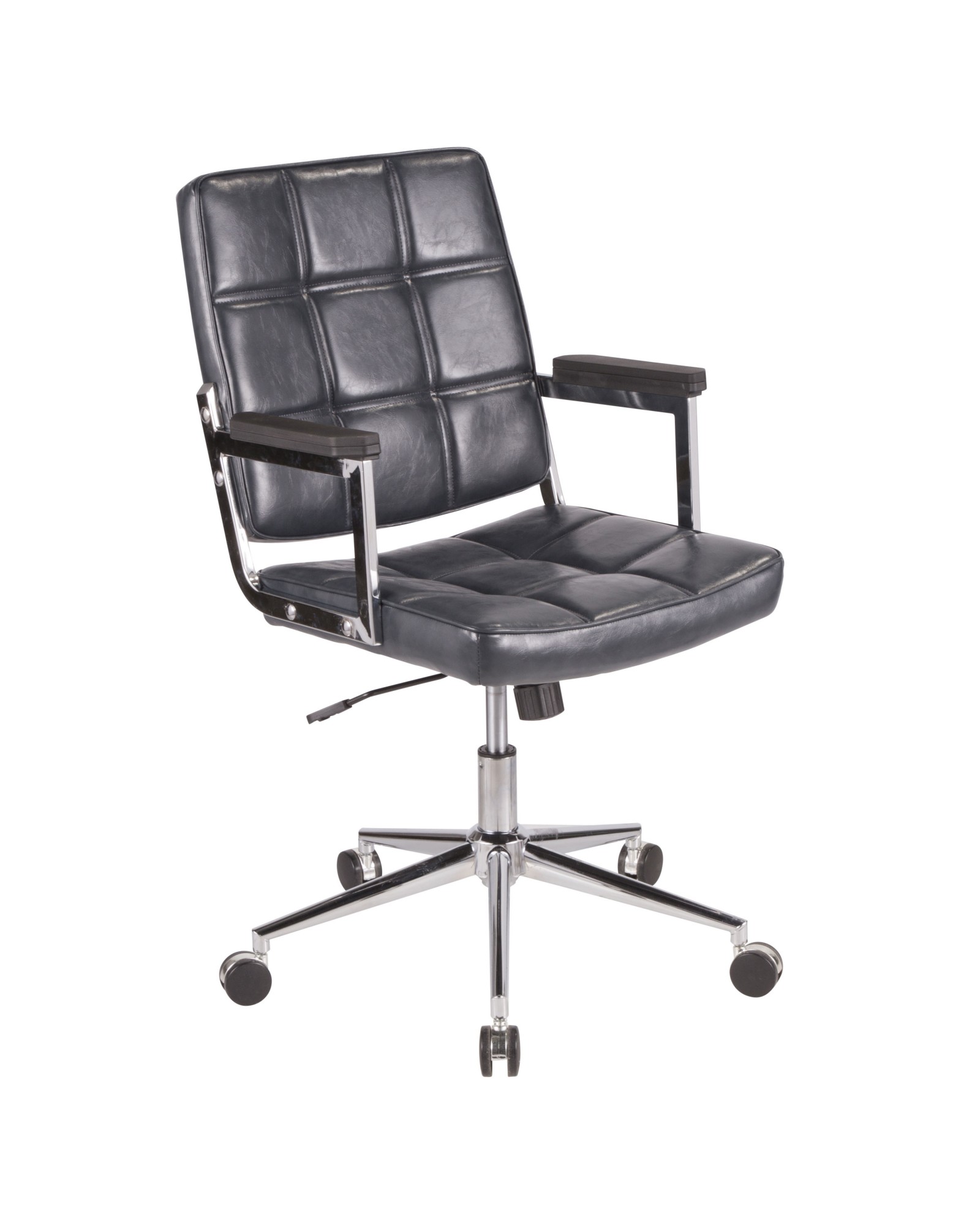 Bureau Contemporary Office Chair with Chrome Metal and Navy Blue Faux Leather