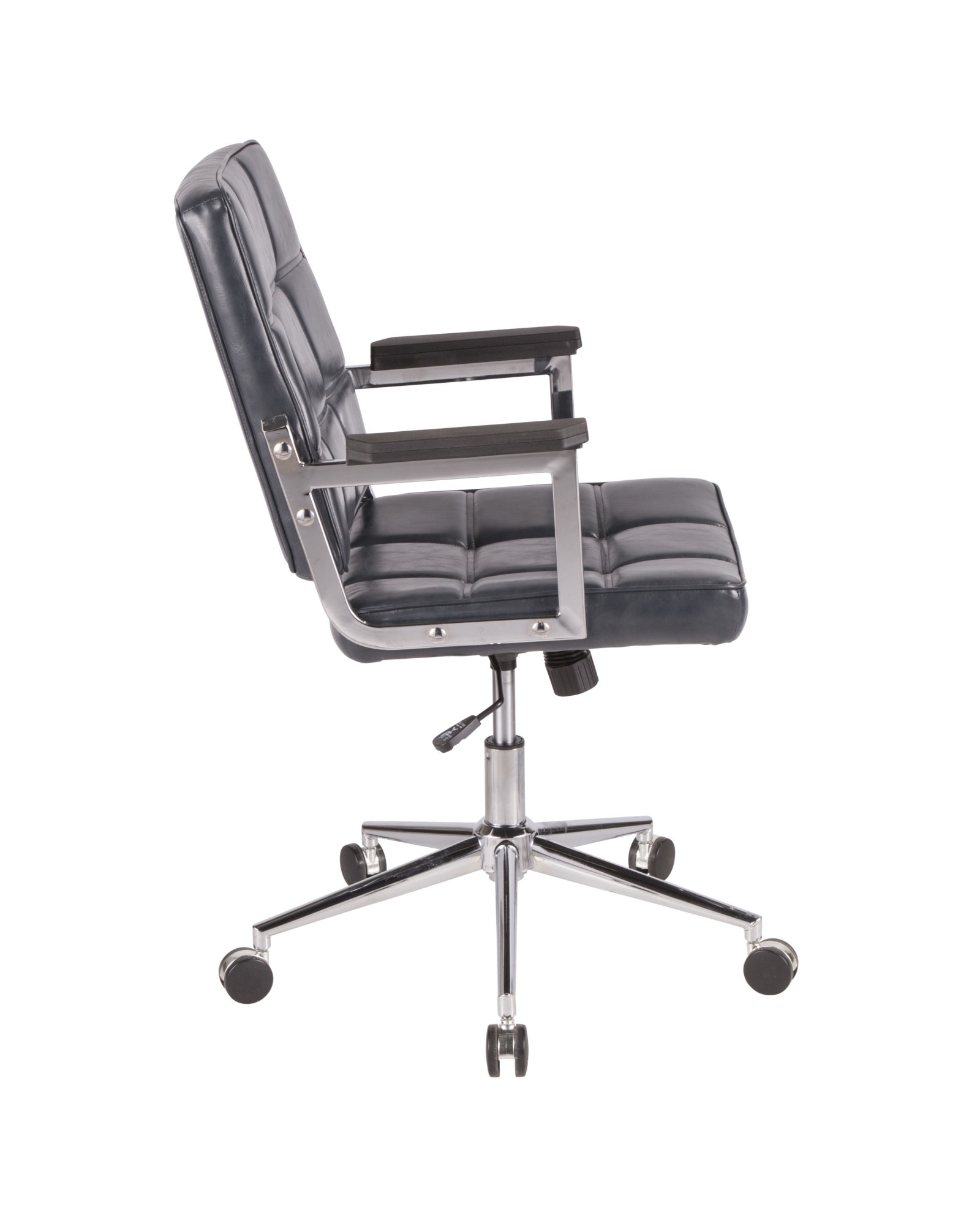 Bureau Contemporary Office Chair with Chrome Metal and Navy Blue Faux Leather