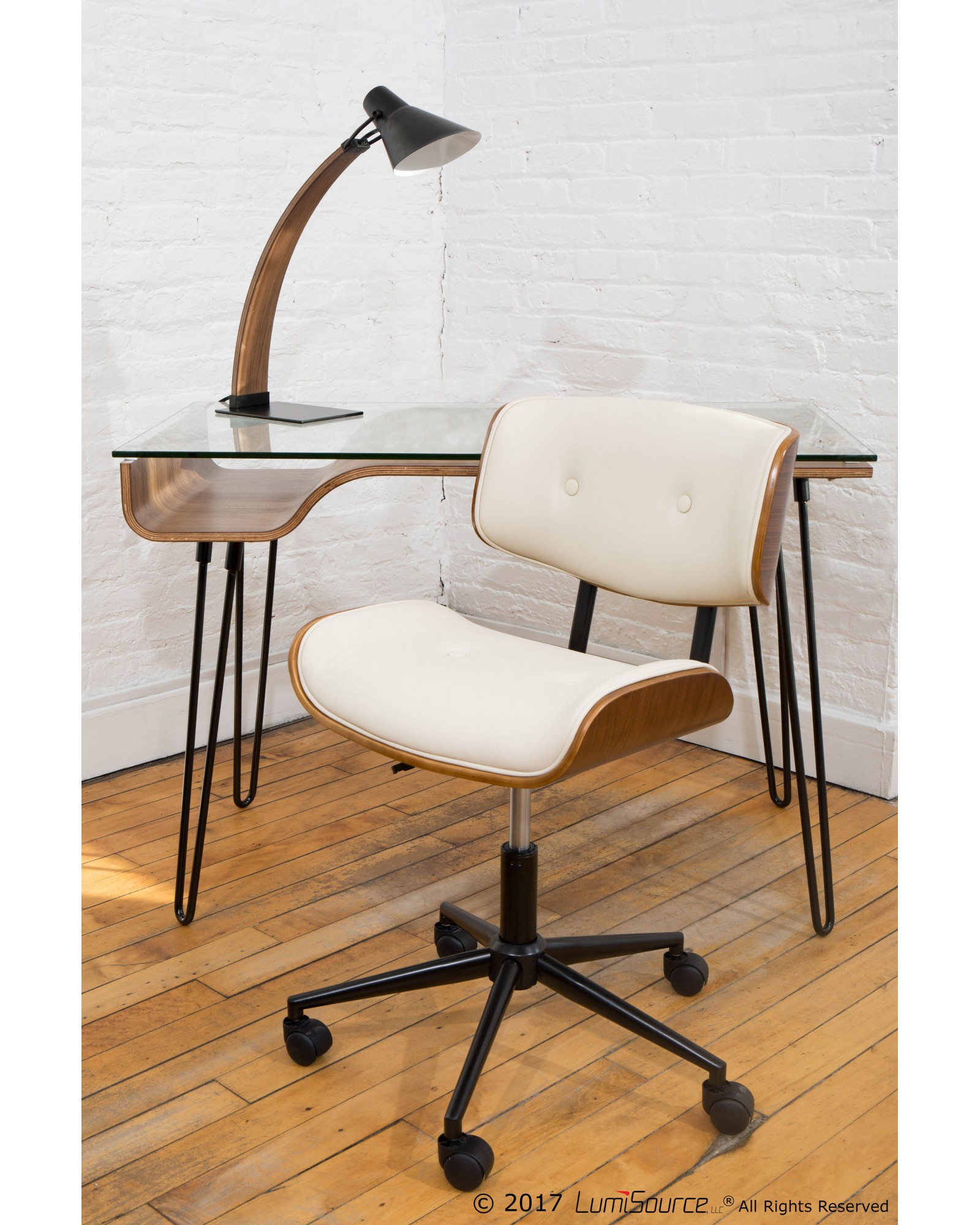 Lombardi Mid-Century Modern Adjustable Office Chair with Swivel in Walnut and Cream