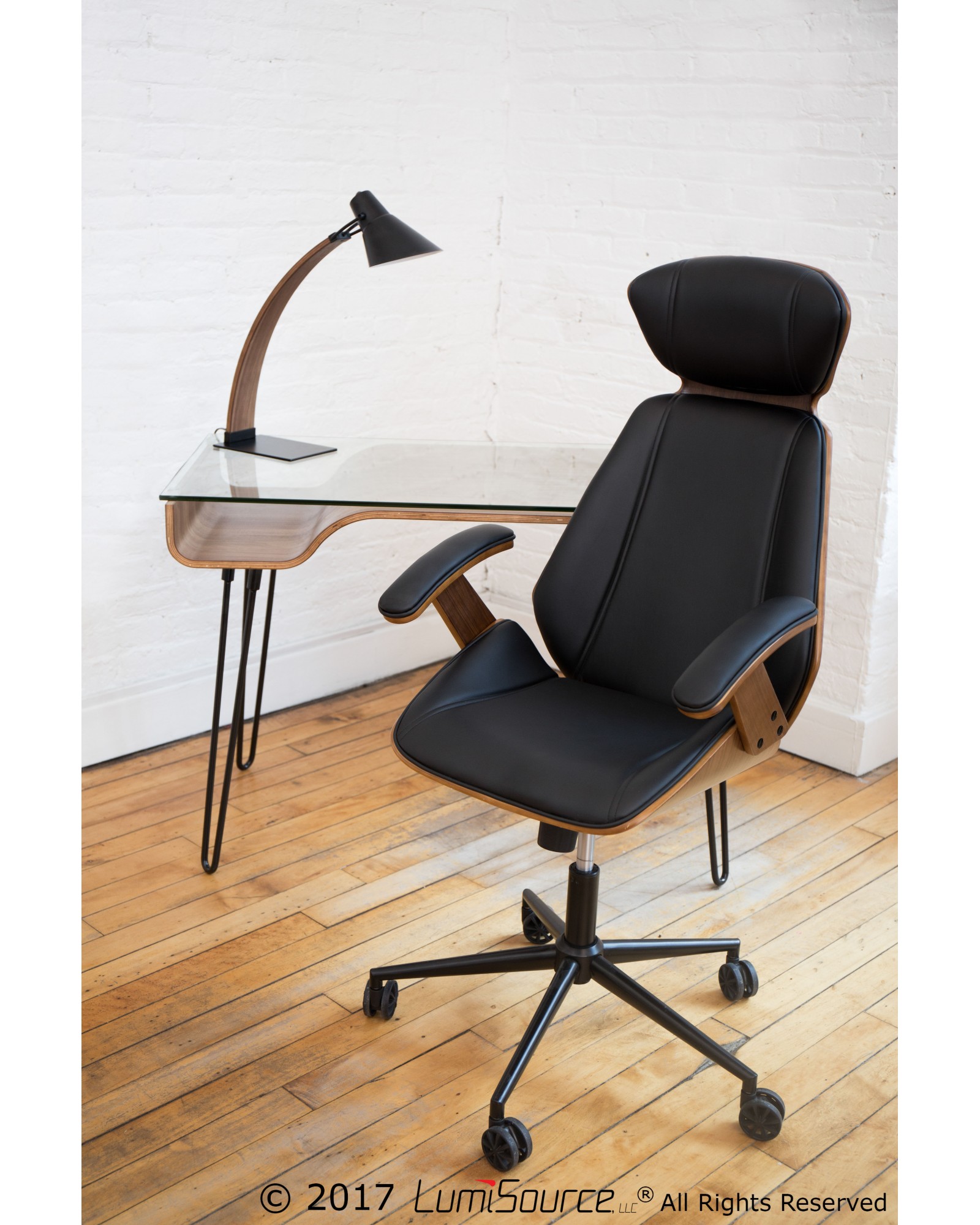 Spectre Mid-Century Modern Adjustable Office Chair in Walnut Wood and Black Faux Leather