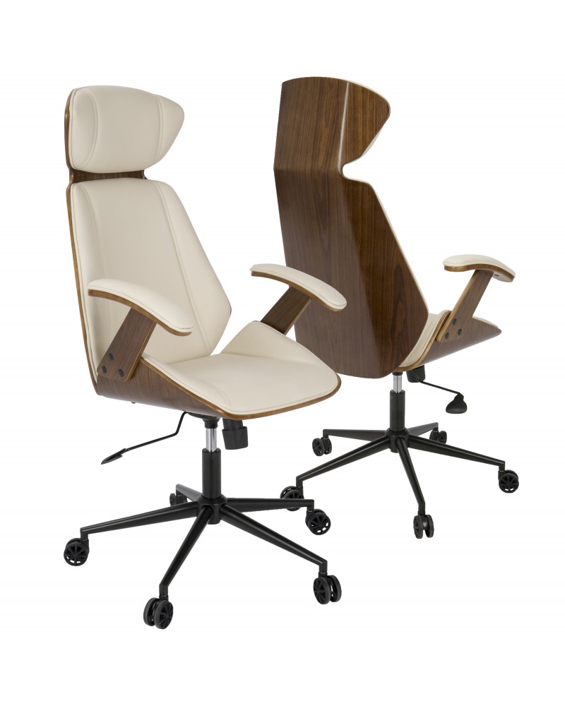 Spectre Mid-Century Modern Adjustable Office Chair in Walnut Wood and Cream Faux Leather