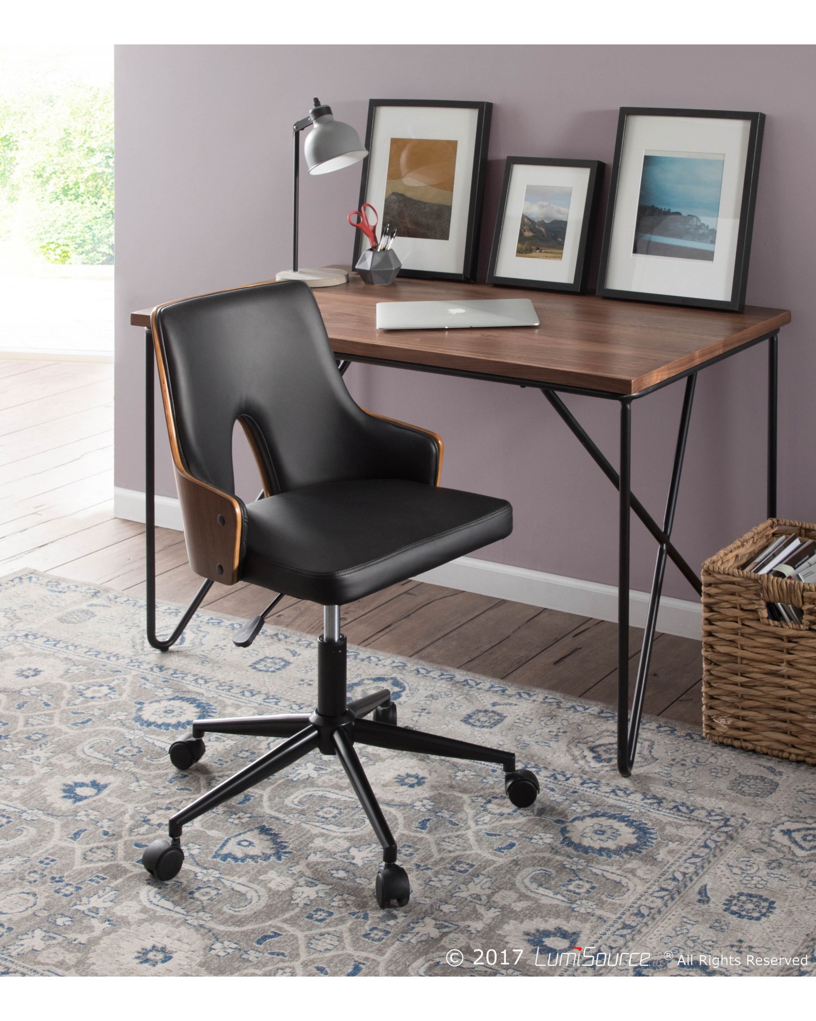 Stella Mid-Century Modern Office Chair in Walnut Wood and Black Faux Leather