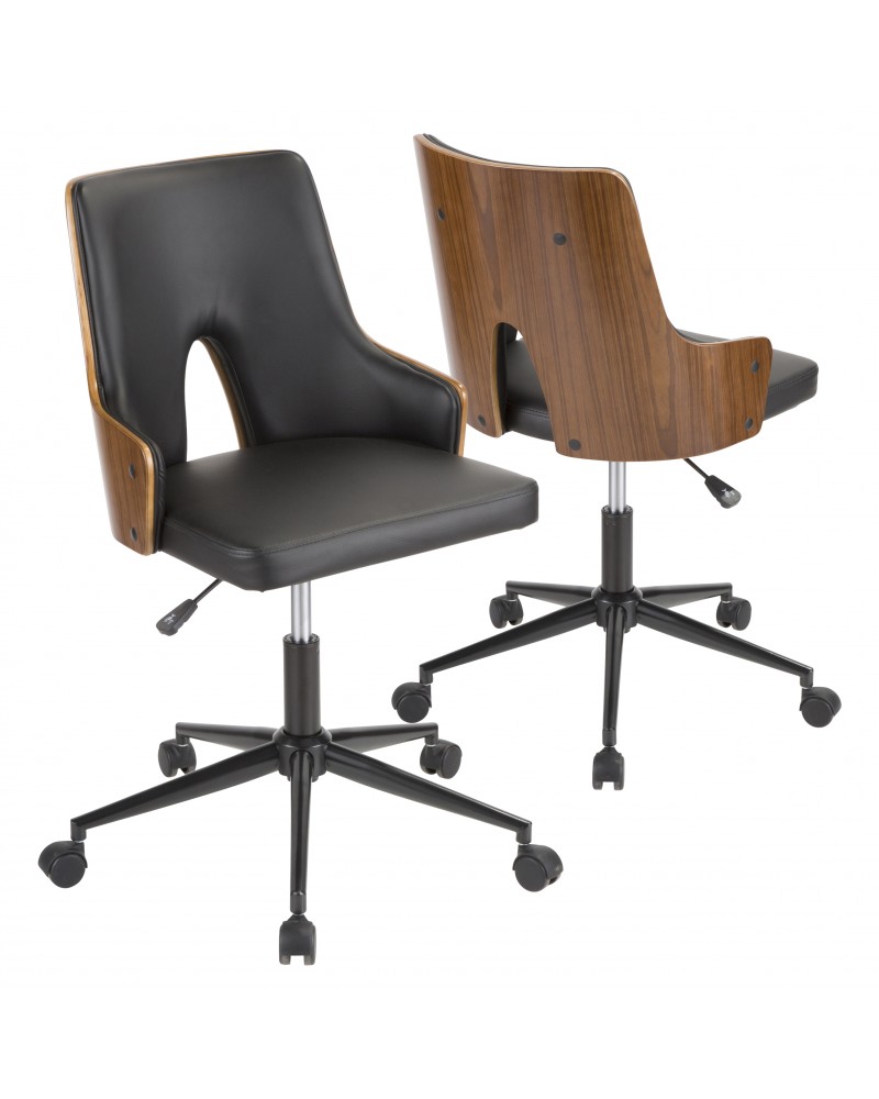 Stella Mid-Century Modern Office Chair in Walnut Wood and Black Faux Leather