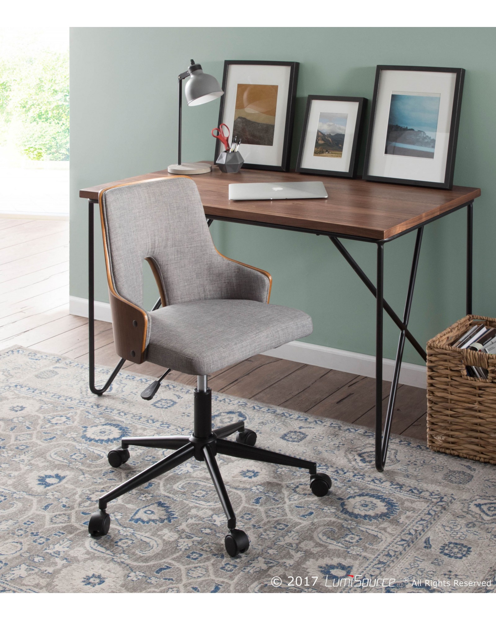 Stella Mid-Century Modern Office Chair in Walnut Wood and Grey Fabric