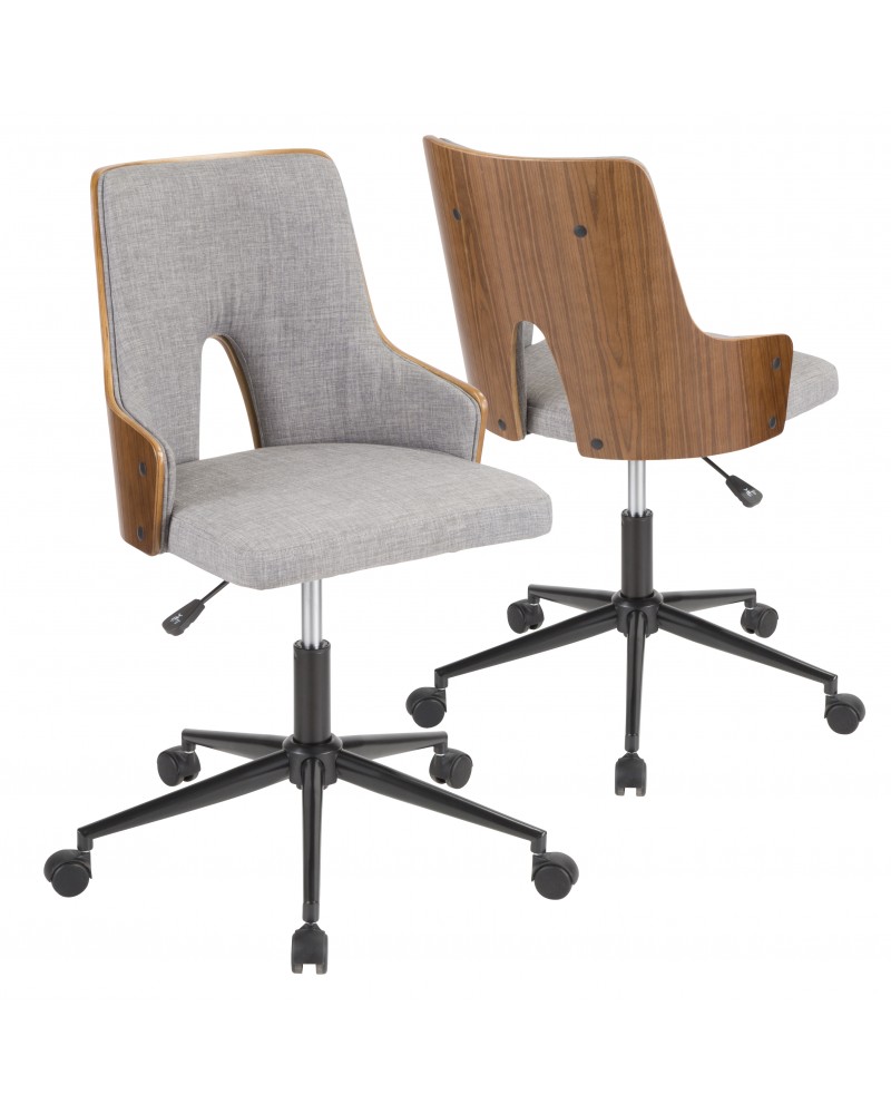 Stella Mid-Century Modern Office Chair in Walnut Wood and Grey Fabric