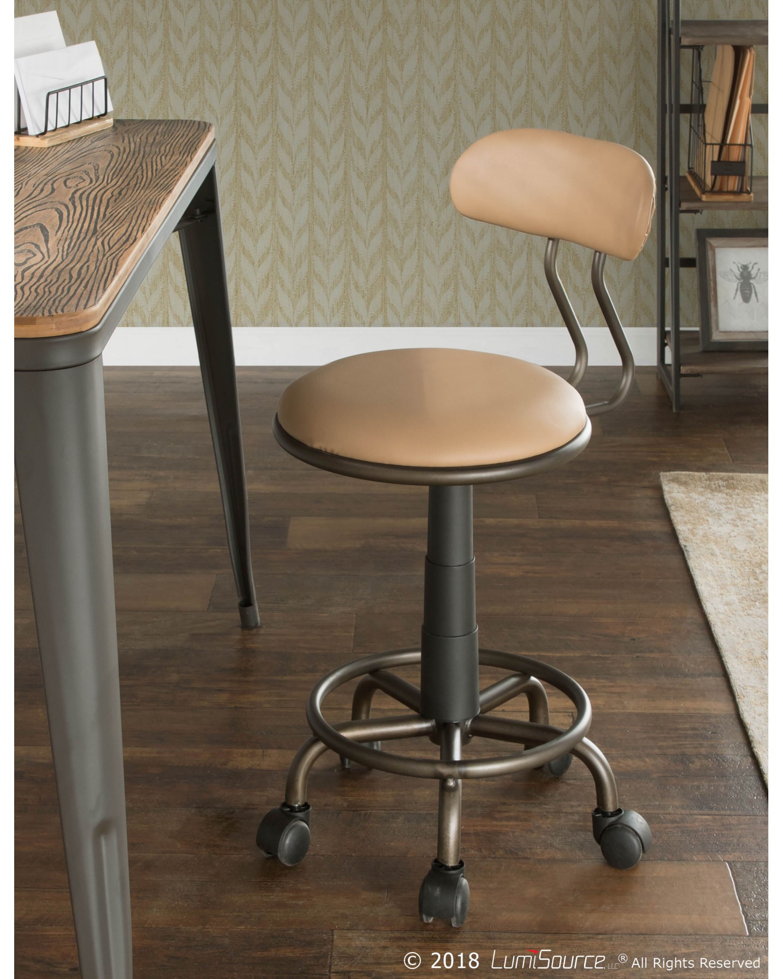 Swift Industrial Task Chair in Antique Metal and Camel Faux Leather