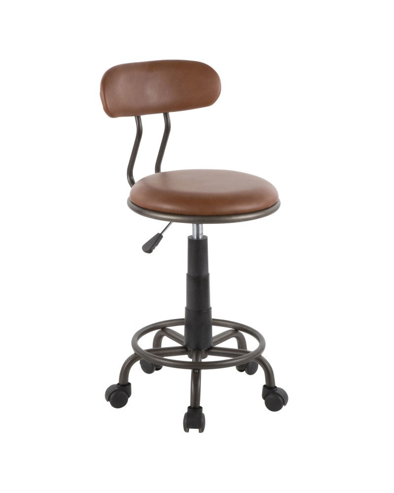 Swift Industrial Task Chair in Antique Metal and Brown Faux Leather