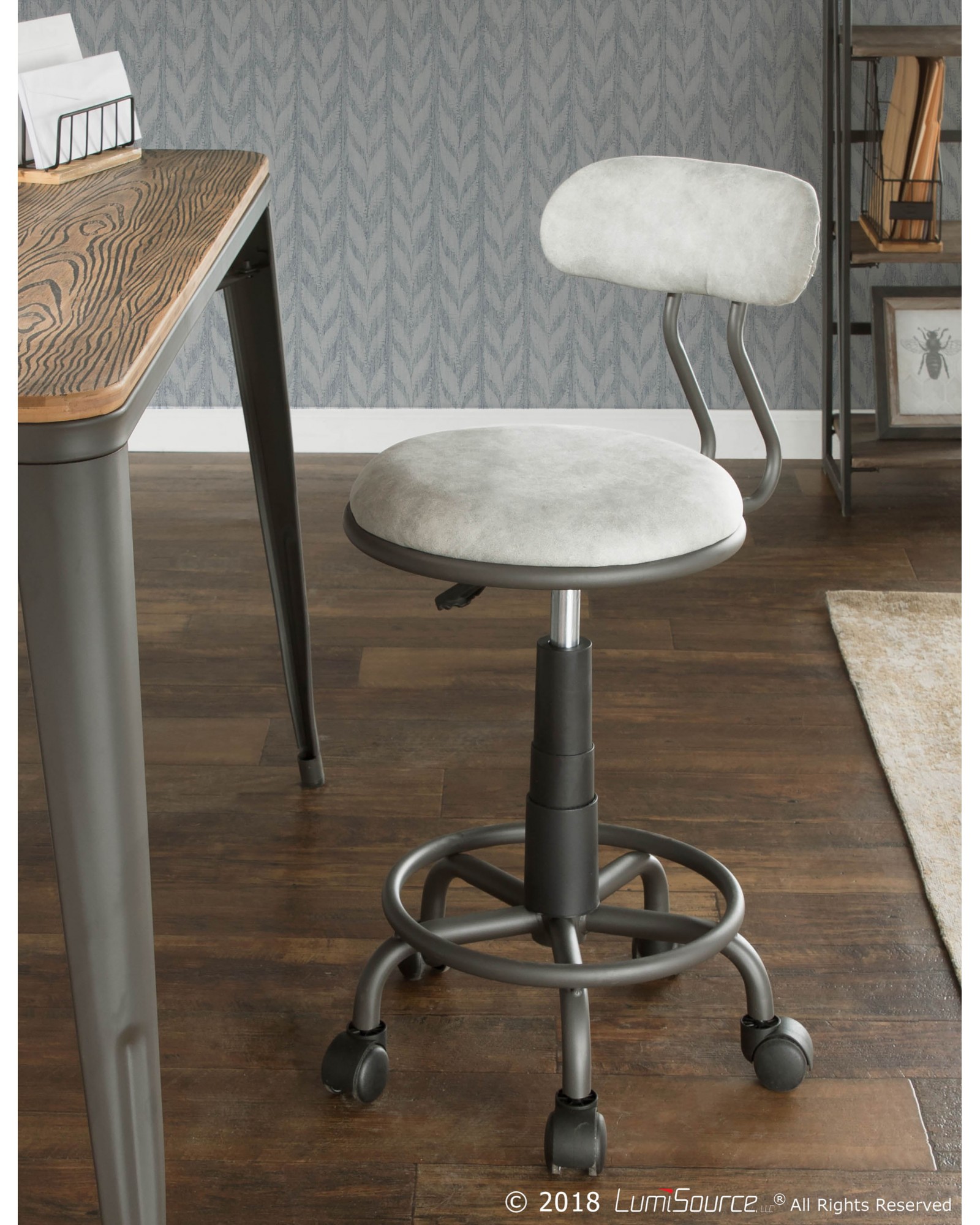 Swift Industrial Task Chair in Grey Metal and Light Grey Faux Leather