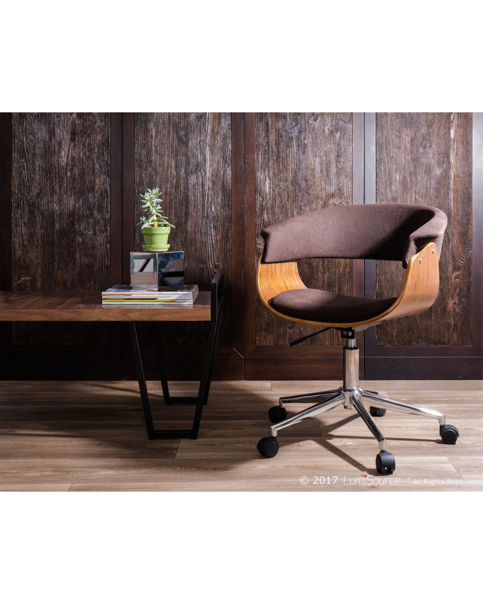 Vintage Mod Mid-Century Modern Office Chair in Walnut Wood and Espresso Fabric