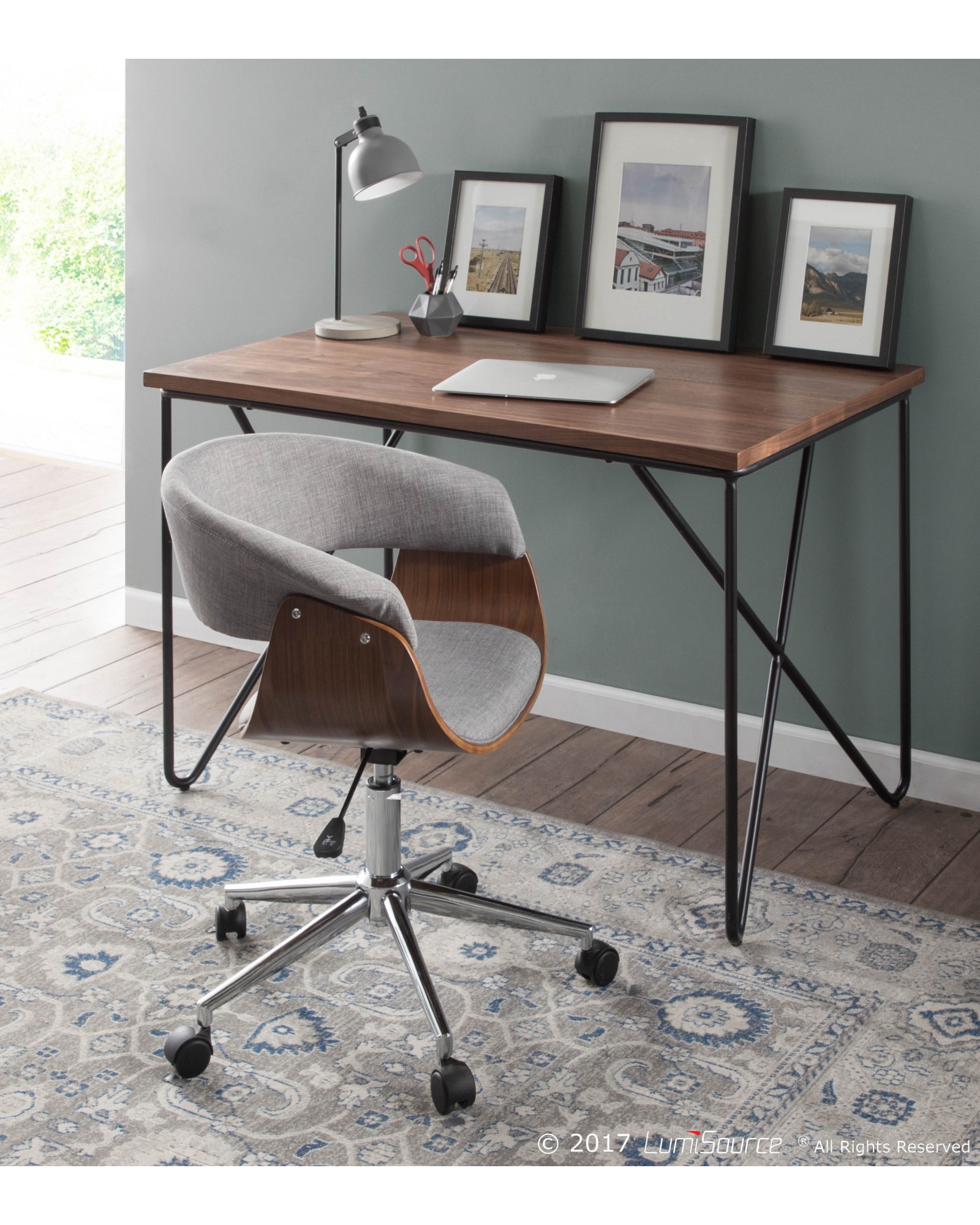 Vintage Mod Mid-Century Modern Office Chair in Walnut Wood and Light Grey Fabric