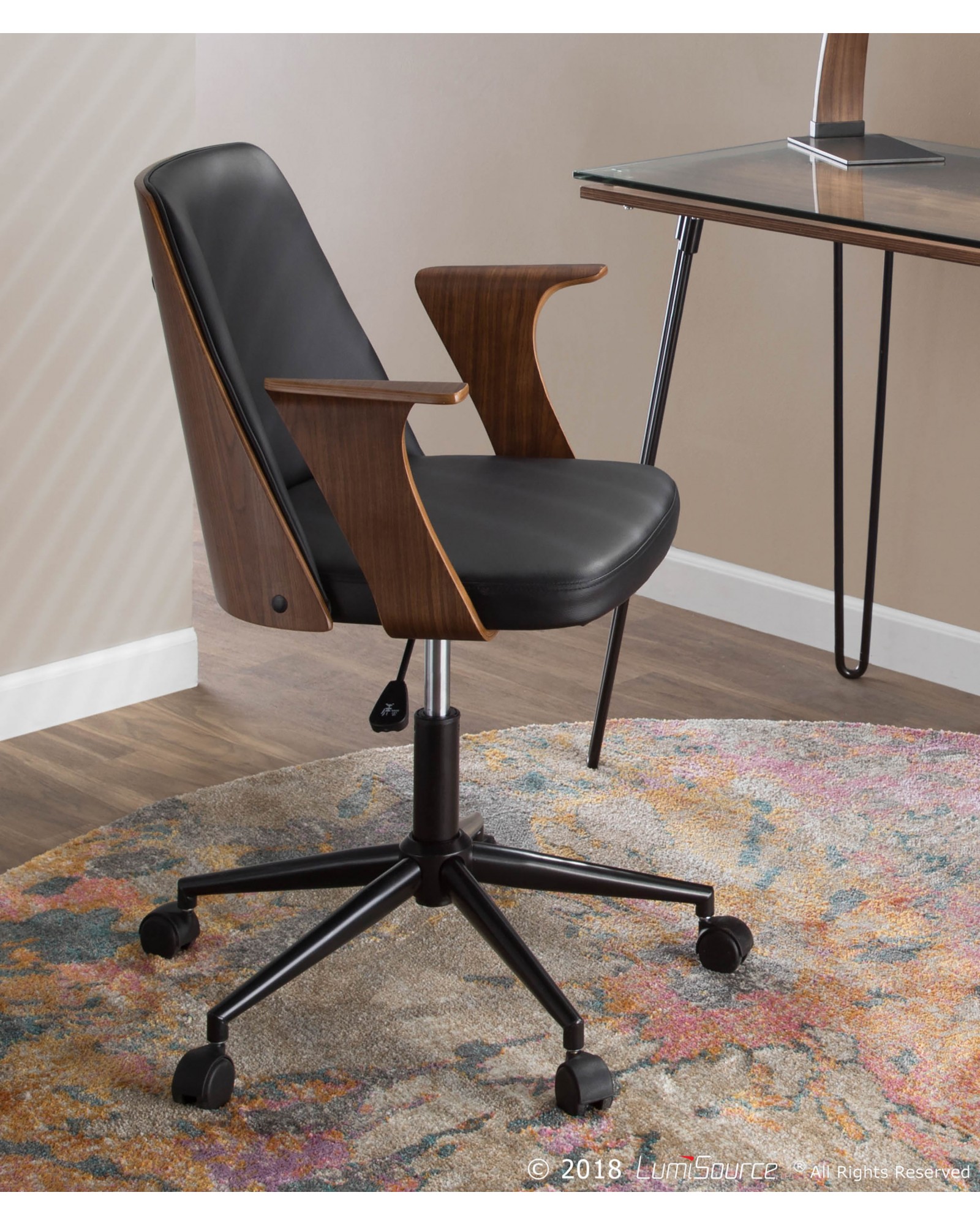 Verdana Mid-Century Modern Office Chair in Walnut Wood and Black Faux Leather