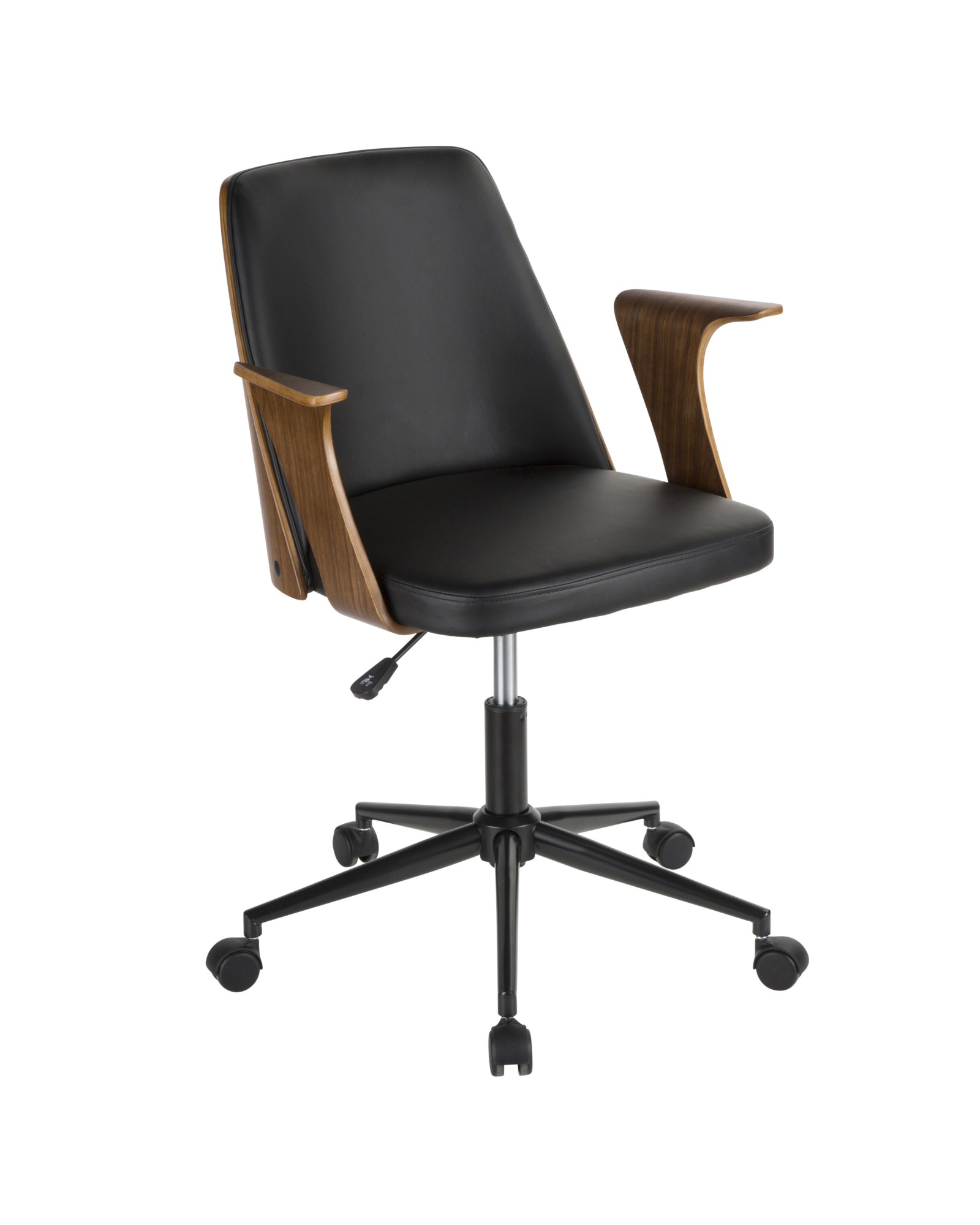 Verdana Mid-Century Modern Office Chair in Walnut Wood and Black Faux Leather