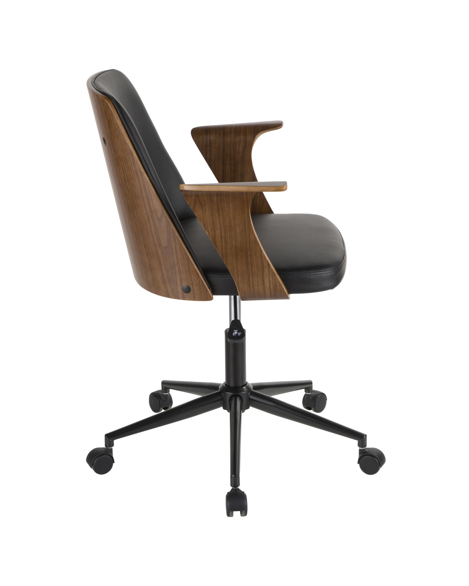 Verdana Mid-Century Modern Office Chair in Walnut Wood and Black Faux Leather