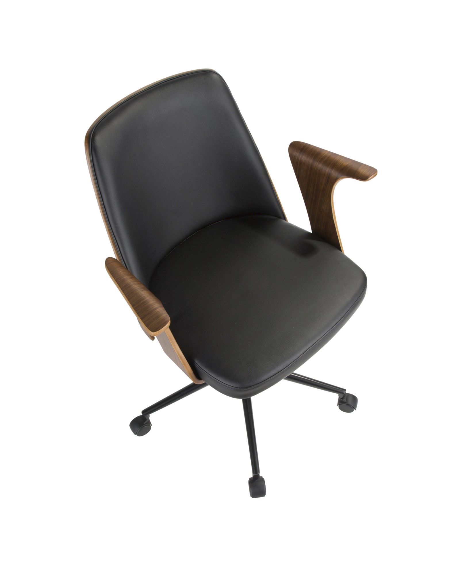 Verdana Mid-Century Modern Office Chair in Walnut Wood and Black Faux Leather