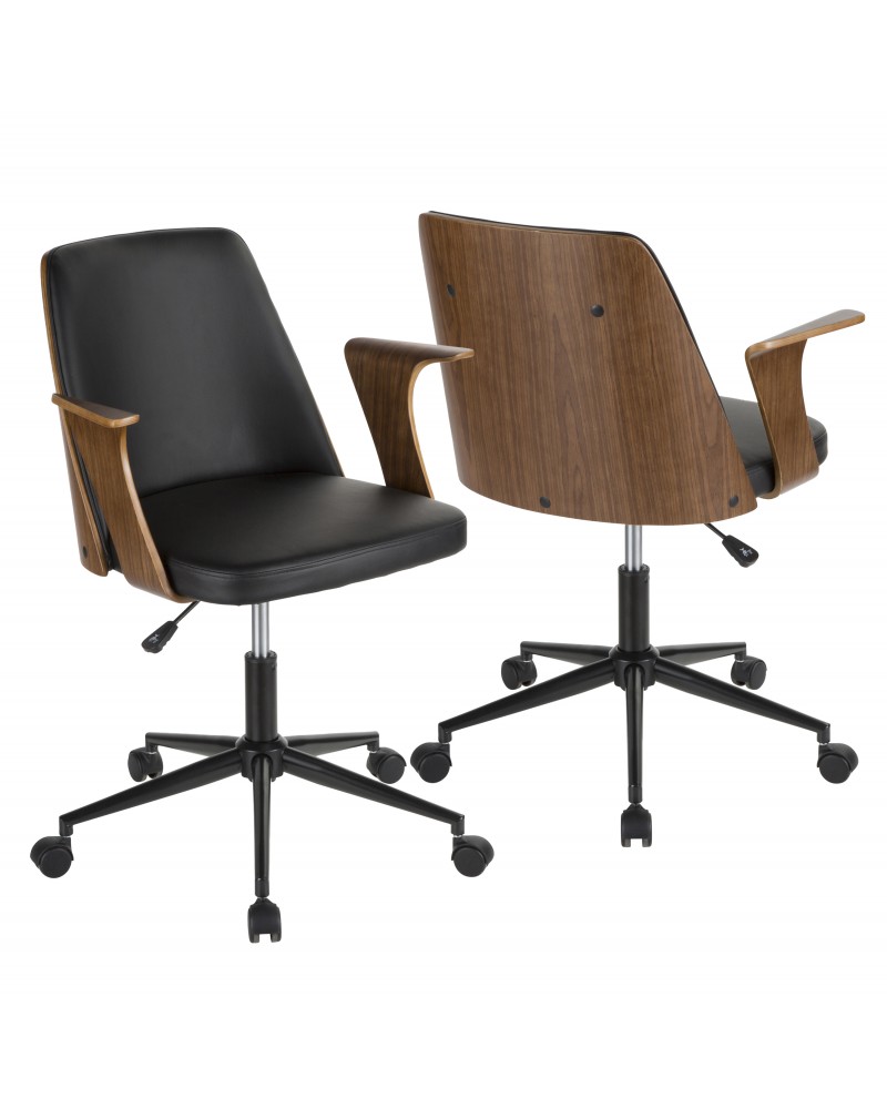 Verdana Mid-Century Modern Office Chair in Walnut Wood and Black Faux Leather